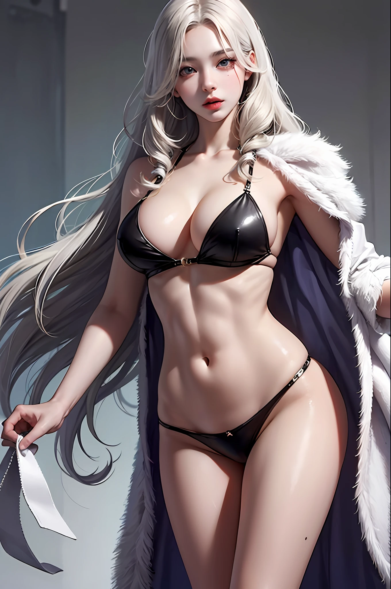 Realstic、high resolucion、a 1 girl、White wavy hair、Korea person、Heterochrome eyes、small moles under eyes、nuda、a large breast、long legs、Tight abs、camelstoe、Bitten lip sexually