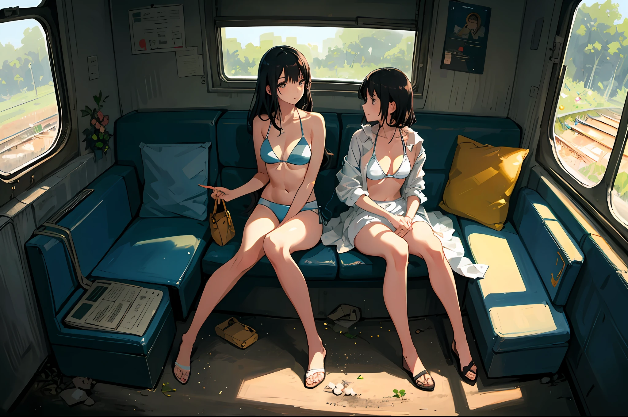 (masterpiece, best quality:1.2), abandoned train, in a flower field, 1girl, white bikini, sitting by a train, warm, summer, vibrant colors, best lighting, best shadows