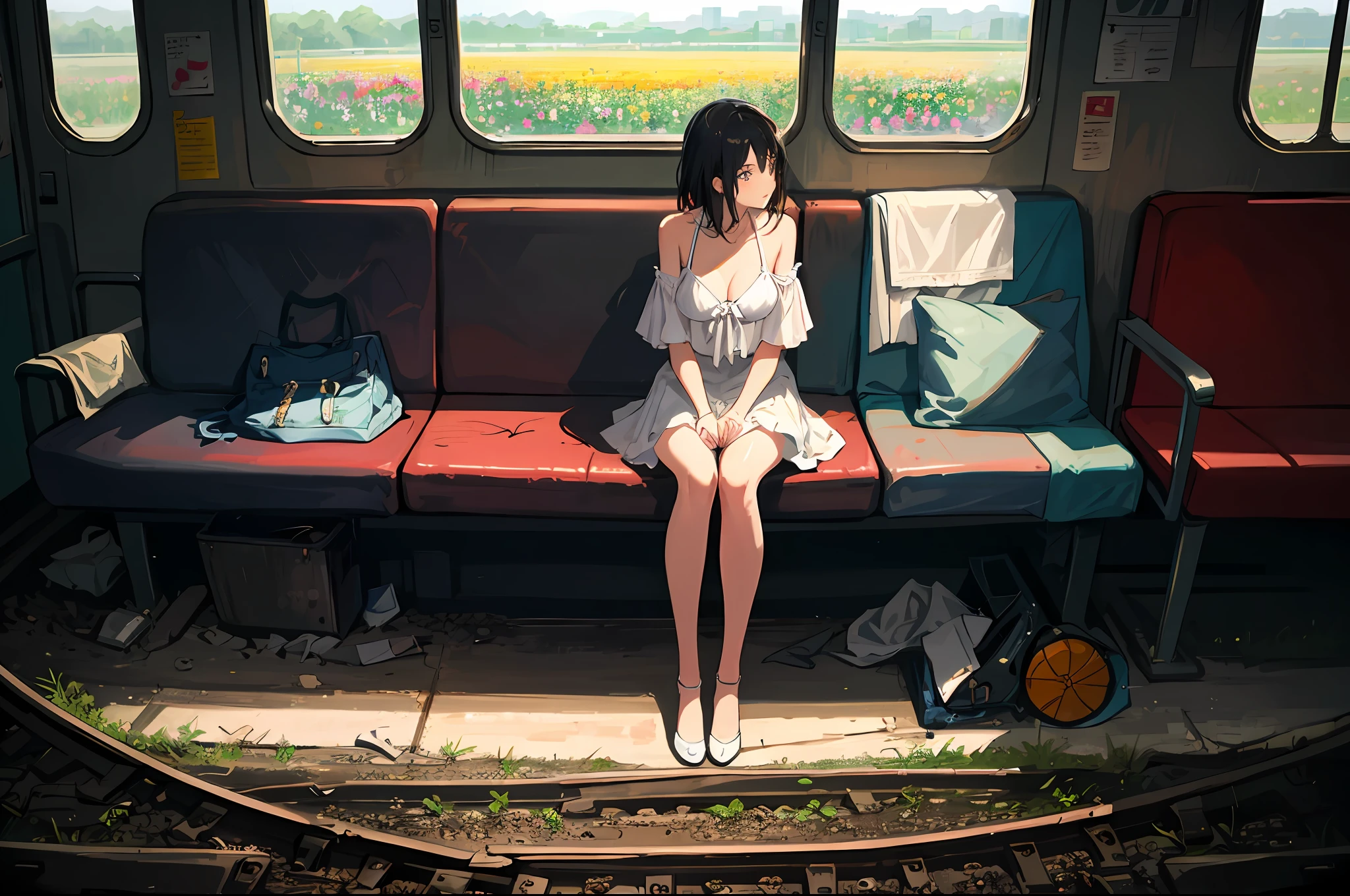 (masterpiece, best quality:1.2), abandoned train, in a flower field, 1girl, white bikini, sitting by a train, warm, summer, vibrant colors, best lighting, best shadows