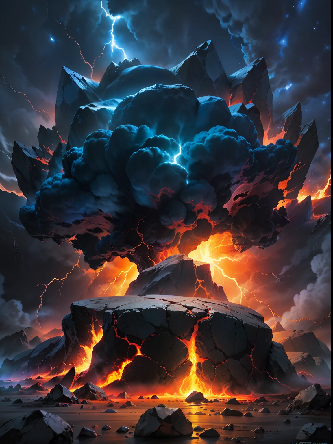 explosion magma centrada gigante con muchos rayos y pocas nubes azules y rojos 8k hdr