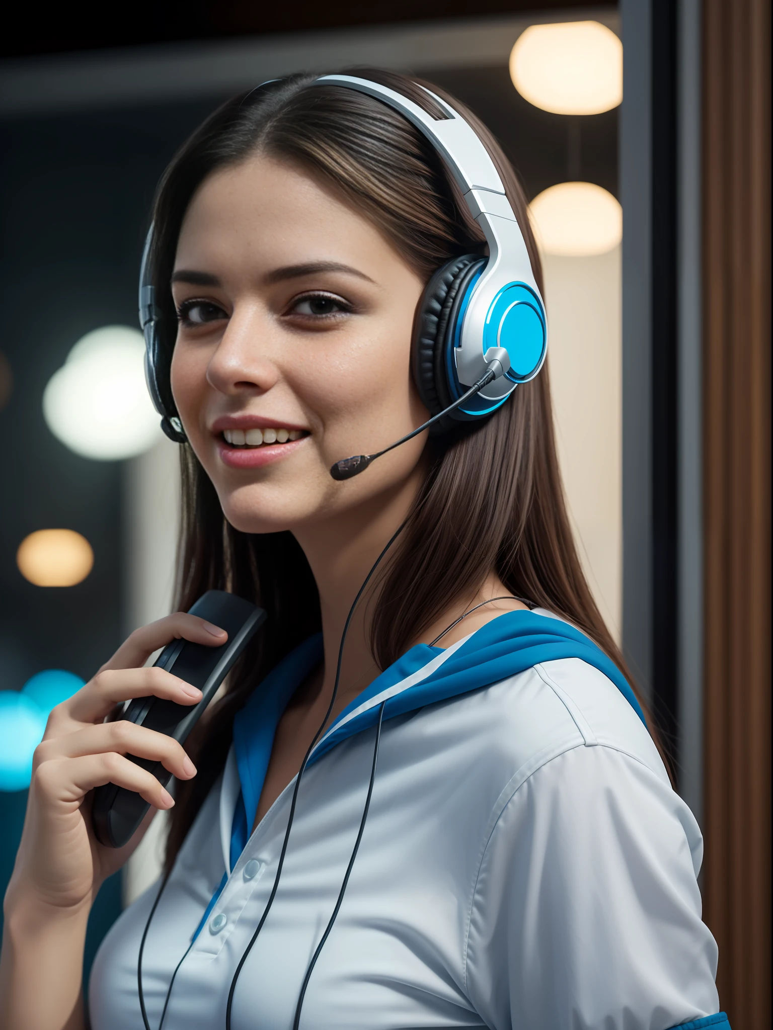 a customer care person wearing a headset and talking on the phone,k, best quality, masterpiece, realistic, realistic photo, movie photo, ultra realistic, 1 person, detailed, perfect lighting, DSRL, professional photo, 4k ,Blue lighting ,Happy expression, half body
