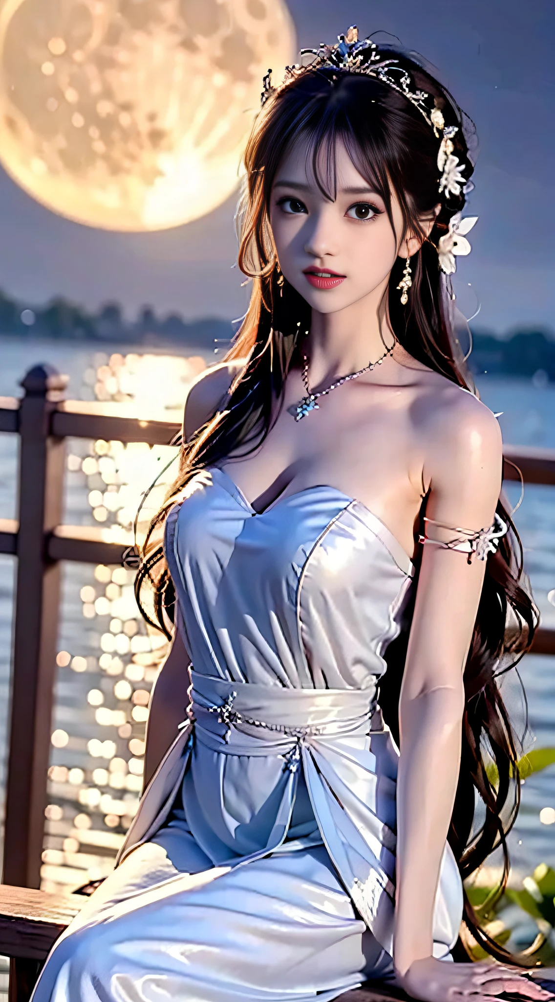 moon, moonlight, full moon, night, dark blue sky, violet, lilac dress, long skirt on chest, long black hair, long hair and waist, beautiful maiden, god, divinity, white tiara, sitting on railing, hair, slanted bangs, headband, hair ornament, forehead gemstone, paulai's jewel branch, crescent hair ornament, fish hair ornament, god ray, glitter, cinematic lighting, lens glare, uhd, high detail, high quality, high resolution, best quality, 8K, 16K, high detail, high quality, high quality, super detail, Anatomically correct, masterpiece, ccurate