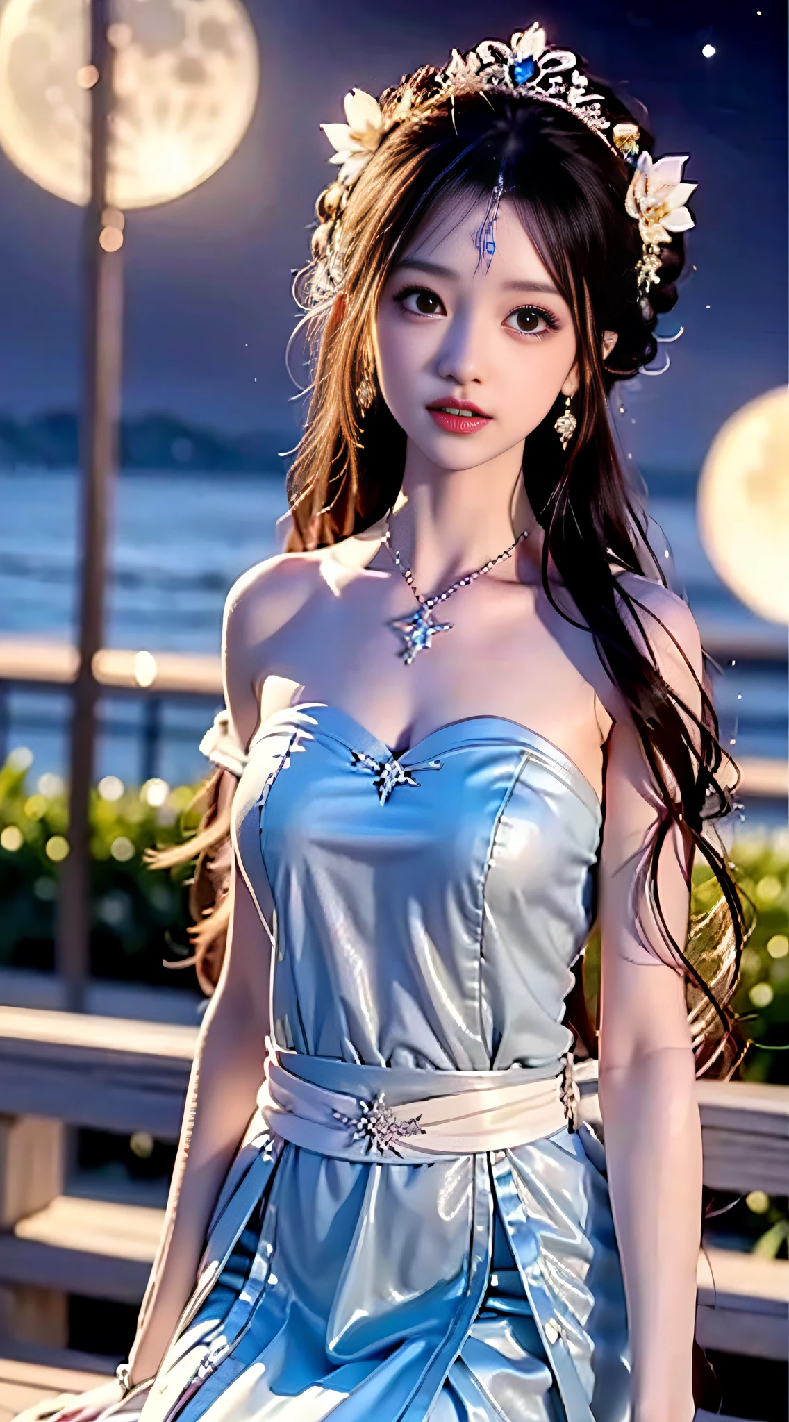 moon, moonlight, full moon, night, dark blue sky, violet, lilac dress, long skirt on chest, long black hair, long hair and waist, beautiful maiden, god, divinity, white tiara, sitting on railing, hair, slanted bangs, headband, hair ornament, forehead gemstone, paulai's jewel branch, crescent hair ornament, fish hair ornament, god ray, glitter, cinematic lighting, lens glare, uhd, high detail, high quality, high resolution, best quality, 8K, 16K, high detail, high quality, high quality, super detail, Anatomically correct, masterpiece, ccurate