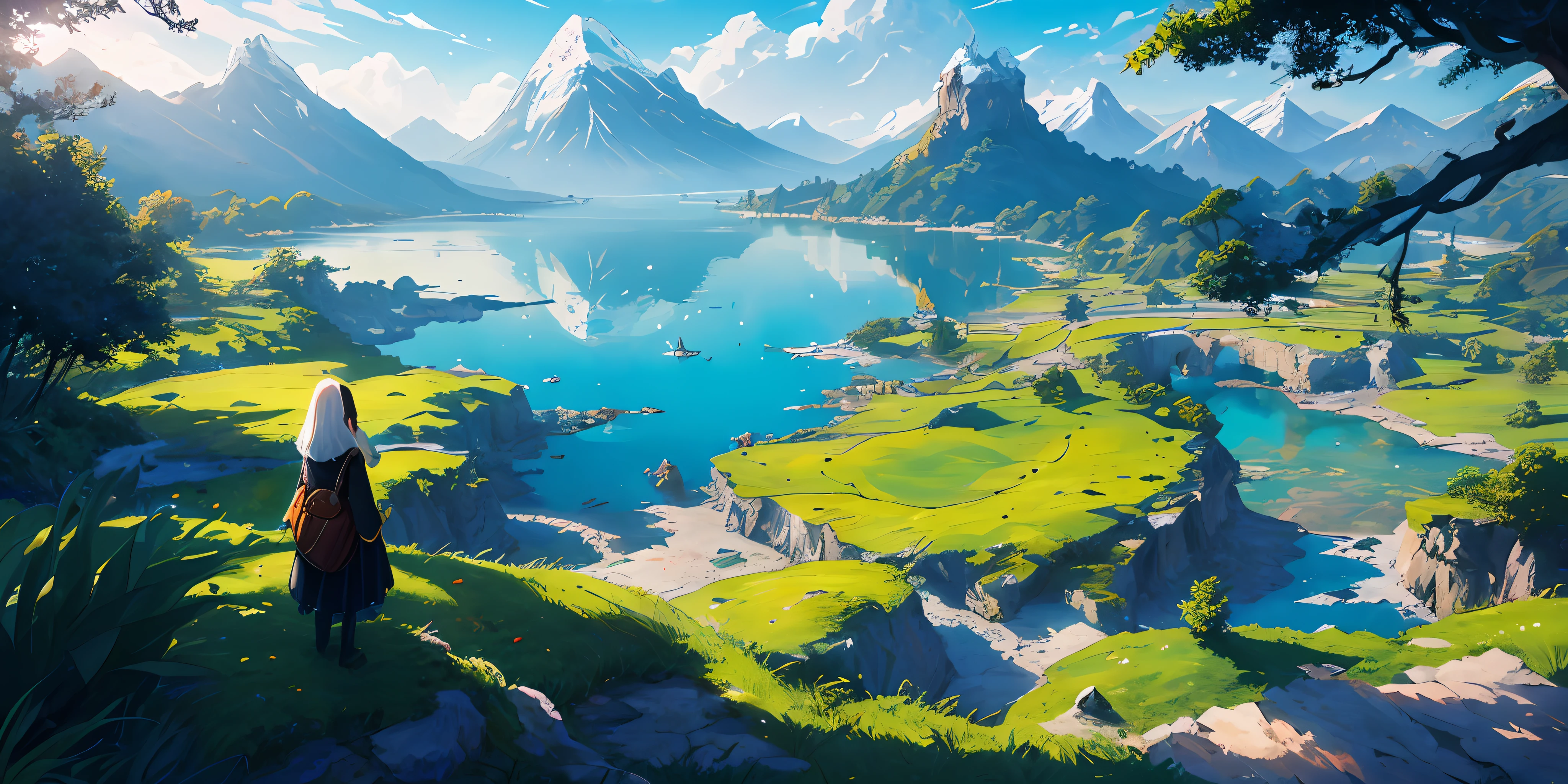 wide vision, flor, fadas, articulas de luz, raios solares, fantasy, astral, paz, cristal, sino, montanha, lago, natureza, jardim com vista para a paisagem,