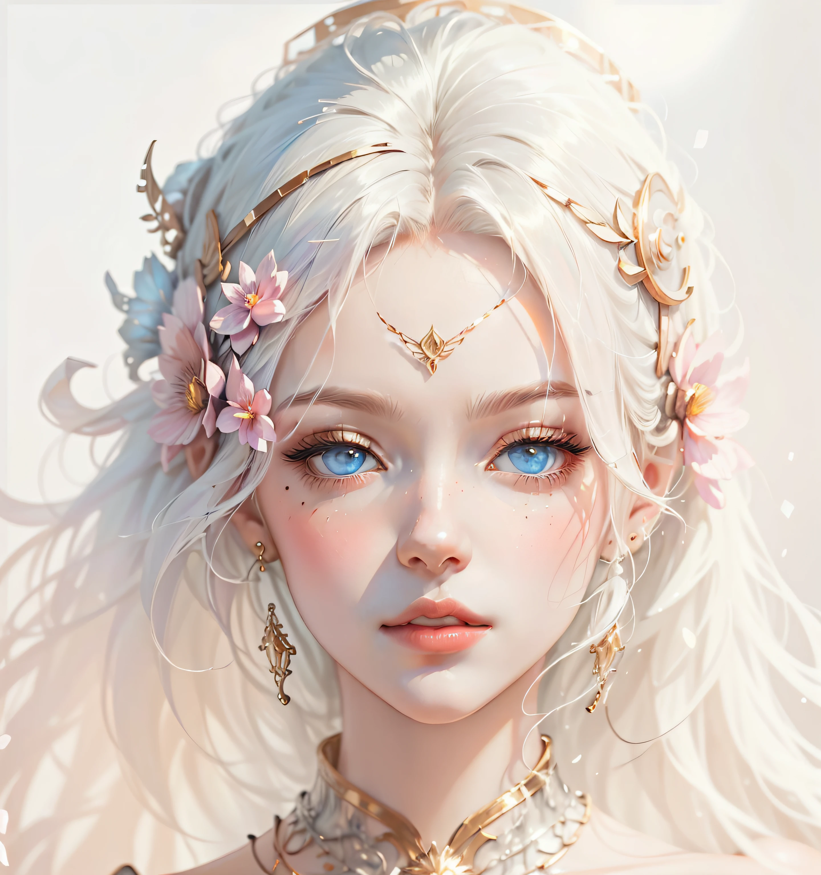 8K portrait rendering, CGeSociety portrait, intricate WLOP, digital fantasy portrait, beautiful cyberpunk girl face, 8K high quality detail art, beautiful fantasy portrait, perfect ratio face, realistic background, black and gold, blue flowers, colder picture, blue eyes, staring right into camera