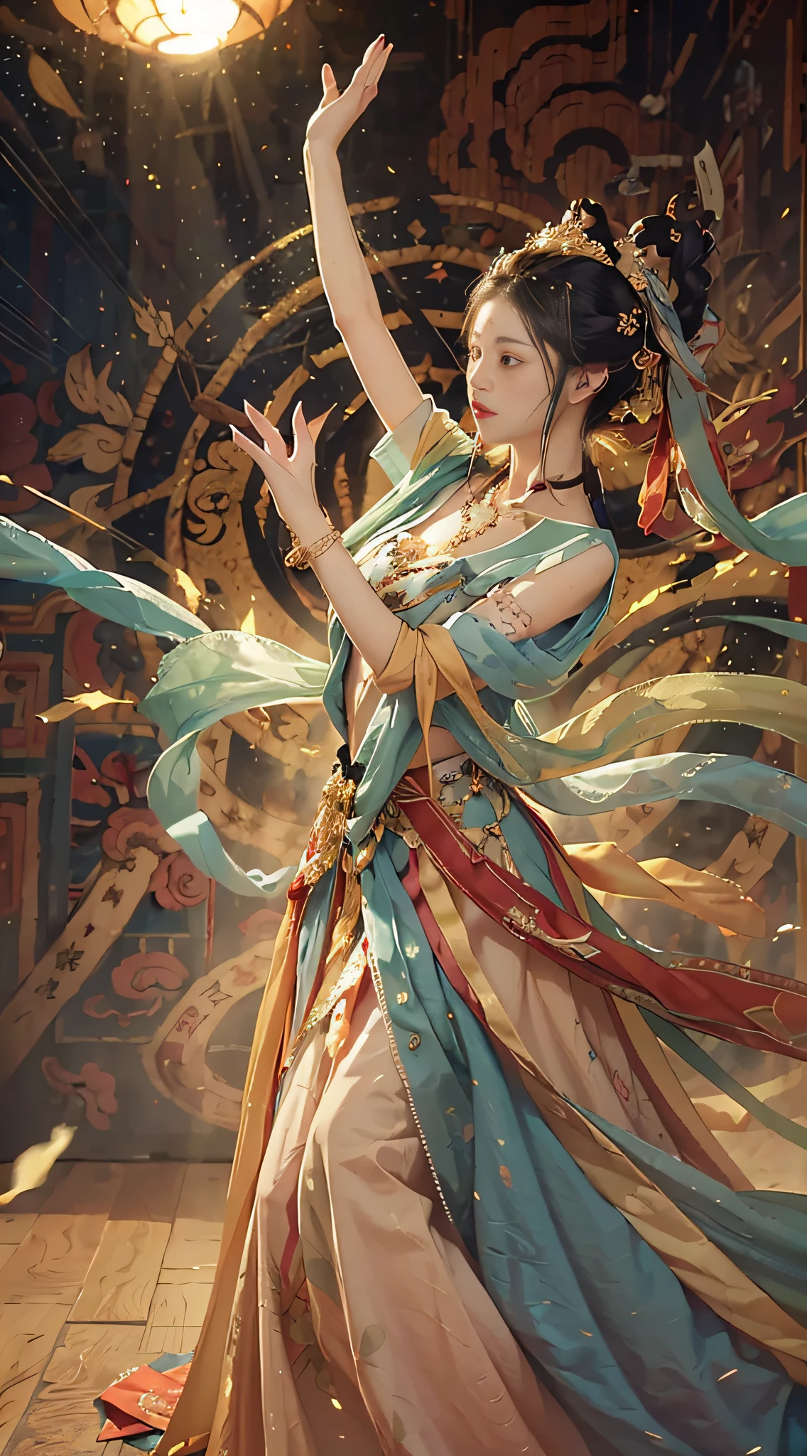 （RAW photos，best qualitiy），（make realistic，photo realistic：1.3），best qualitiy，highly detaild，nmasterpiece，ultradetail，illustration，1girls，dynamic angle，Masterpiece Theatre of the World，Confusion_long strip_Hair，best qualitiy，extremly detailed的CG unity 8k wallpaper，Full body photo，，(Long-legged figure),（Dancing gestures，Sleeve swing），astonishing，cinematic lighting，footage_flare，dunhuang_style of
