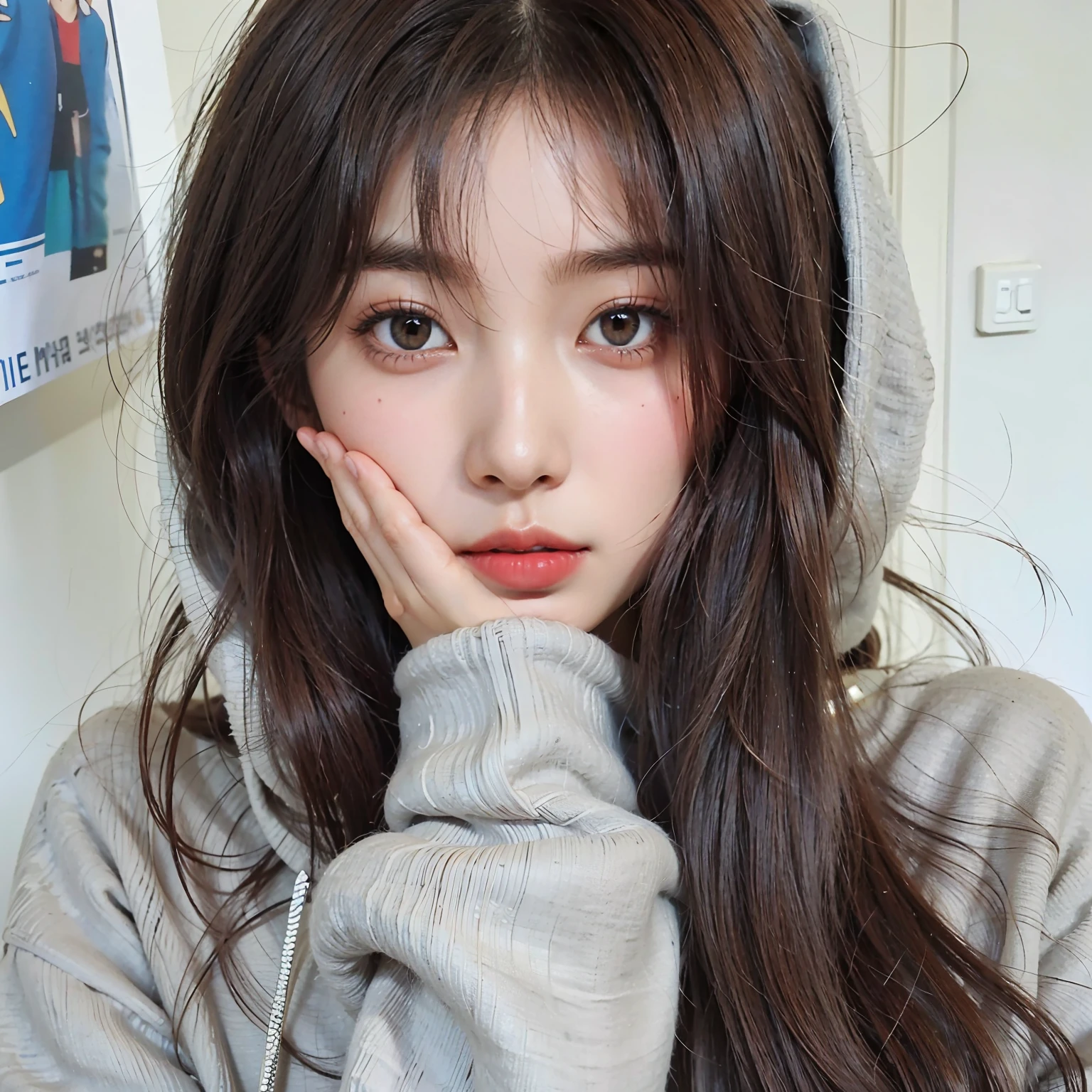 arafed woman with long brown hair and a hoodie posing for a picture, Urzan, young adorable korean face, Korean girl, 🤤 girl portrait, wan adorable korean face, girl cute-fine-face, girl wearing hoodie, Popular Korean makeup, young cute wan asian face, brown hair,Hair bangs, kim doyoung, Popular Korean makeup