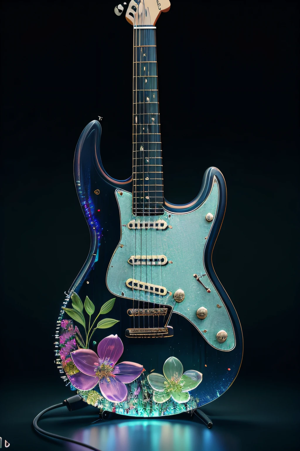 masterpiece of glass guitar with plants inside, water, glowing, flowers, high quality, high detail, best quality, rtx, 4k, 8k,