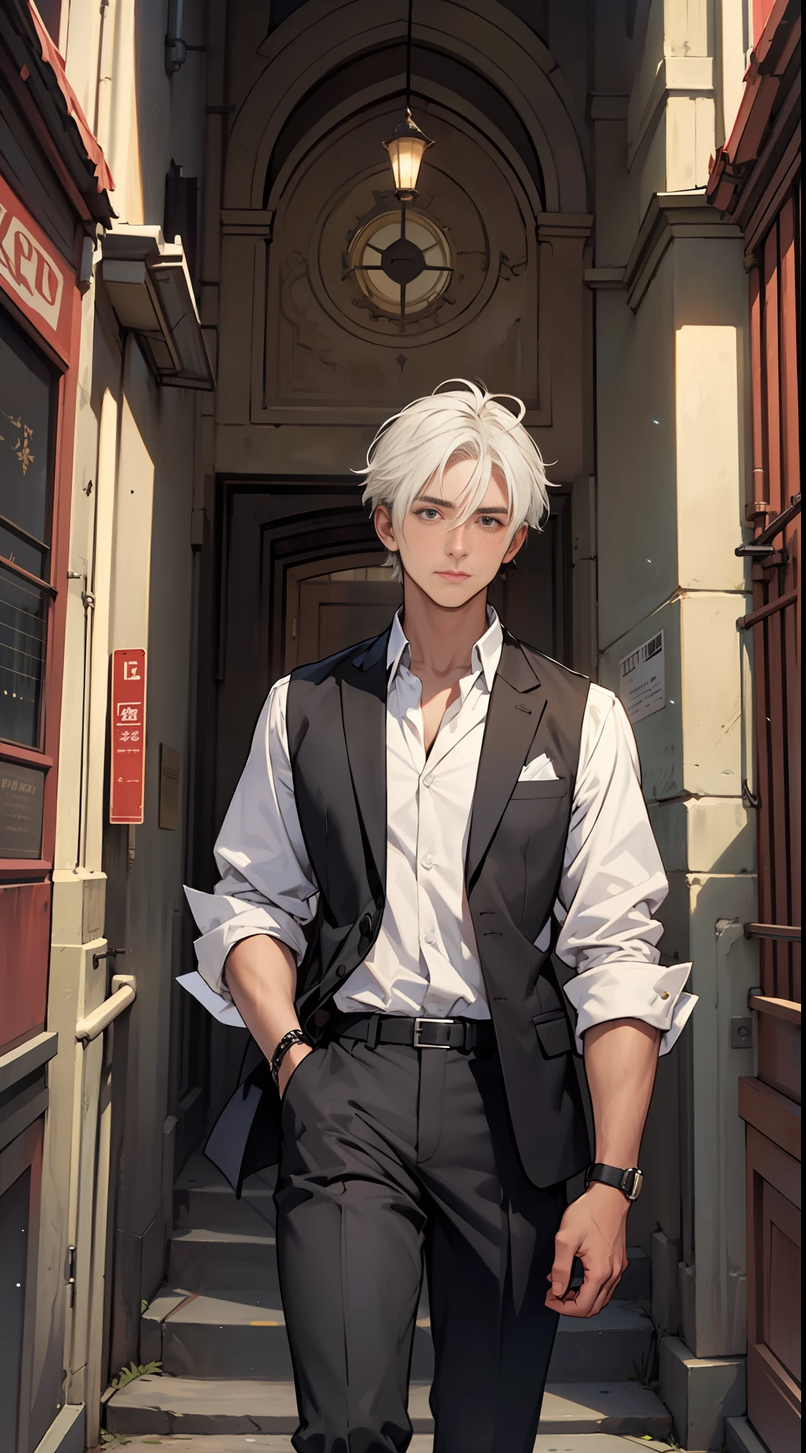 32k, best quality, masterpiece, super detail, high details, A young man with short white hair stood at the entrance of the headquarters, listening to his subordinate's account.