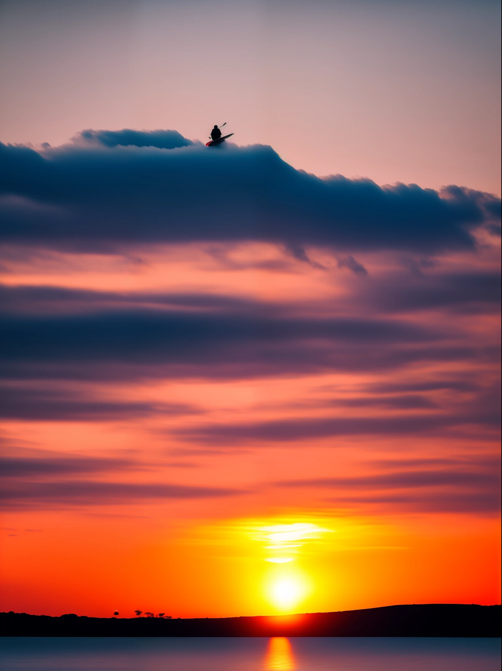 Approaching evening,The sun began to sink into the horizon,The sky corresponds to a bright color,Beautiful pink sunset,Through the clouds,Form a road,Like the glow of a soft feather。A six-year-old girl surfs in the sea,Watch the sunset on a surfboard。
