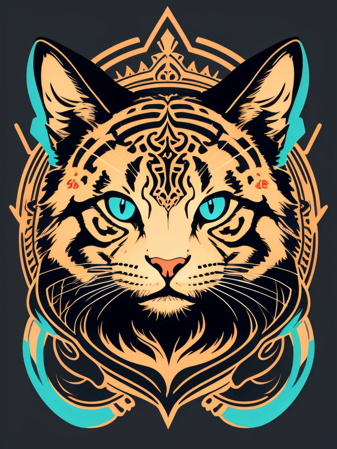 [Brown cat]Silhouette of the coat of arms、Logo masking style illustration、Dan Mumford、by Greg Rutkowsky、James Jean、Black background、fantasy art behance、mystical、make realistic、Majestic、rich vivid colors、high-contrast、Seamless Water Brand、art stations、Deviant Art、dribble、Red Bubble、Tea Public、sharp-focus、simple、hyper-detail、Detailed drawing、vectorized、outline、Isometric style、8k。