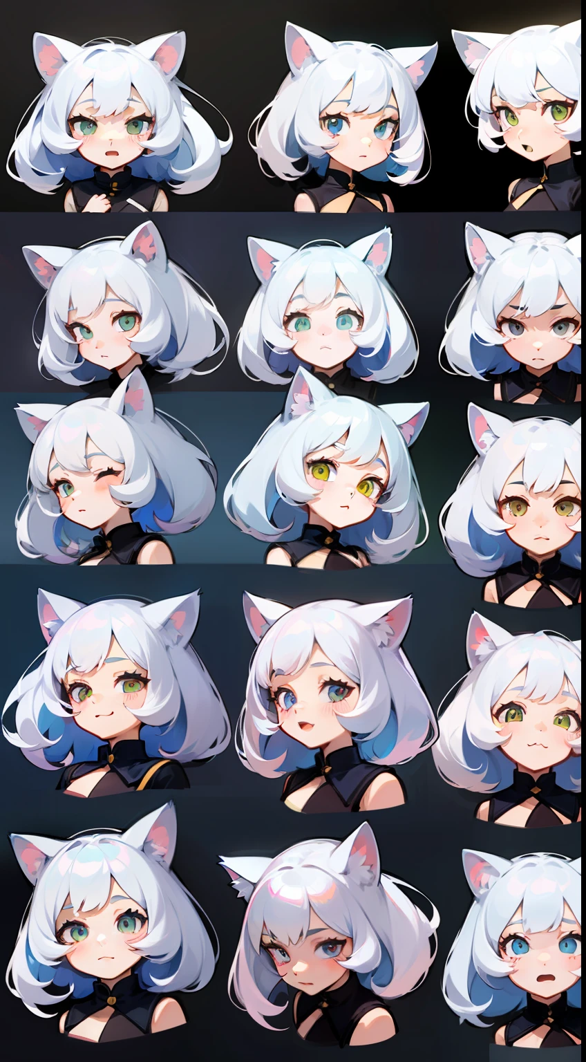 cute  girls、Emoticon pack、9 emojis、emoji sheet、Multiple poses and expressions、anthropomorphic style、Black strokes、different emotions、Multiple Poses and Expression、cat ear、ponie tail