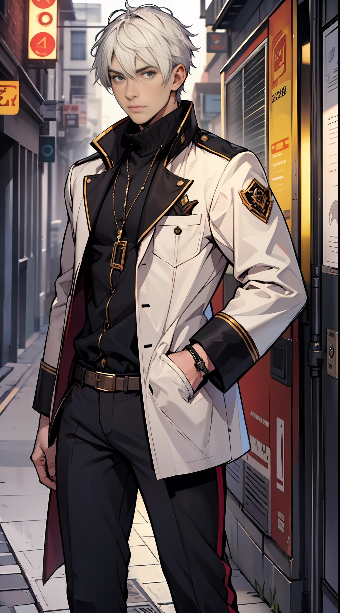 32k, best quality, masterpiece, super detail, high details, A young man with short white hair stood at the entrance of the headquarters, listening to his subordinate's account.