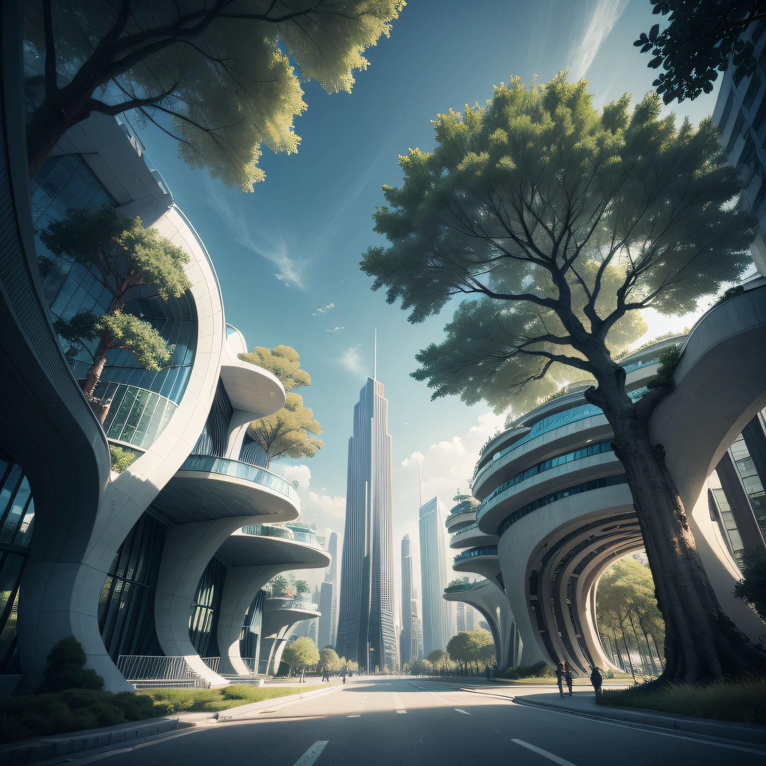 Futuristic architecture, arquitetura premiada, skyscraper architectureCity, photographic style, Rendering, Alameda de plane trees, Highly detailed dream building in the architectural styles of Oscar Niemeyer and Ernst Haeckel :: arquiteturacore :: High contrast wide avenue in front full of trees, plane trees
