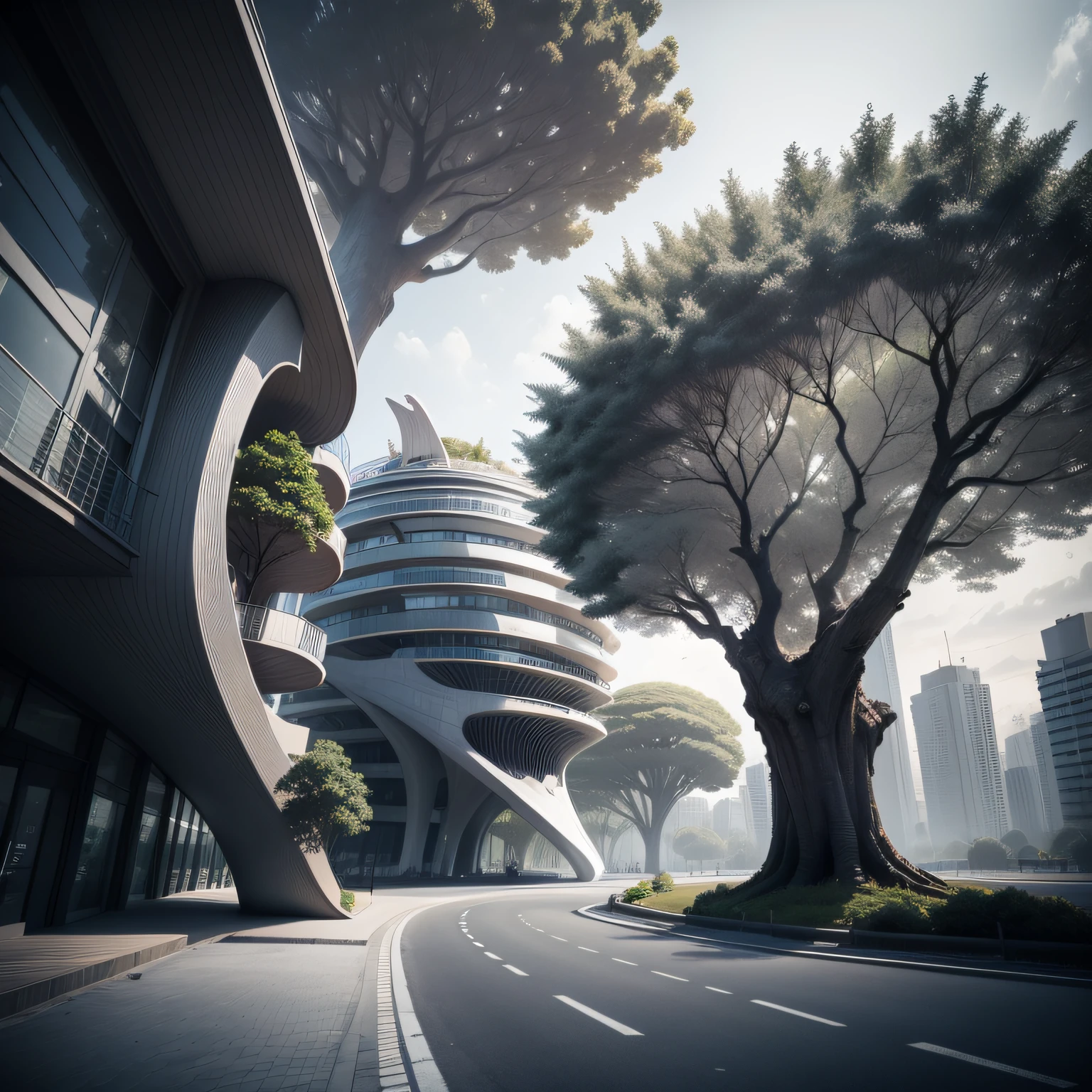 Futuristic architecture, arquitetura premiada, skyscraper architectureCity, photographic style, Rendering, Alameda de plane trees, Highly detailed dream building in the architectural styles of Oscar Niemeyer and Ernst Haeckel :: arquiteturacore :: High contrast wide avenue in front full of trees, plane trees