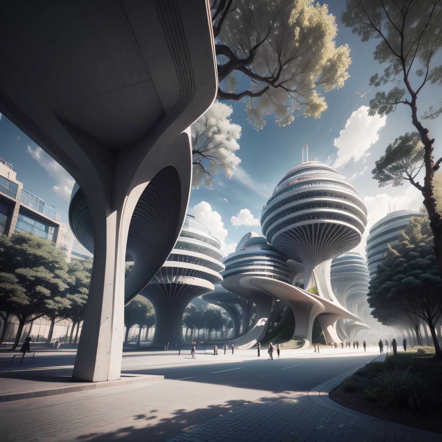 Futuristic architecture, arquitetura premiada, skyscraper architectureCity, photographic style, Rendering, Alameda de plane trees, Highly detailed dream building in the architectural styles of Oscar Niemeyer and Ernst Haeckel :: arquiteturacore :: High contrast wide avenue in front full of trees, plane trees