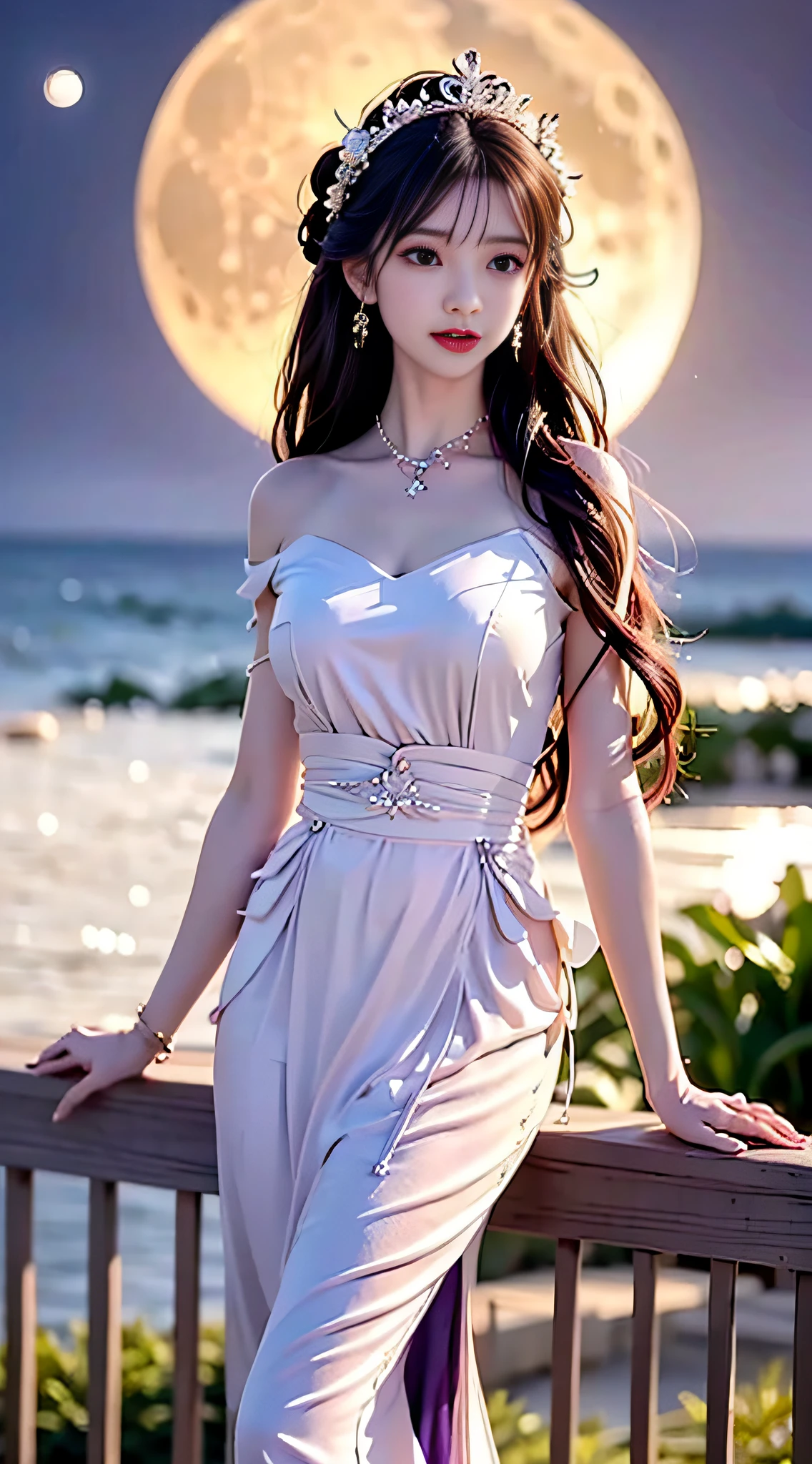 moon, moonlight, full moon, night, dark blue sky, violet, lilac dress, long skirt on chest, long black hair, long hair and waist, beautiful maiden, god, divinity, white tiara, sitting on railing, hair, slanted bangs, headband, hair ornament, forehead gemstone, paulai's jewel branch, crescent hair ornament, fish hair ornament, god ray, glitter, cinematic lighting, lens glare, uhd, high detail, high quality, high resolution, best quality, 8K, 16K, high detail, high quality, high quality, super detail, Anatomically correct, masterpiece, ccurate