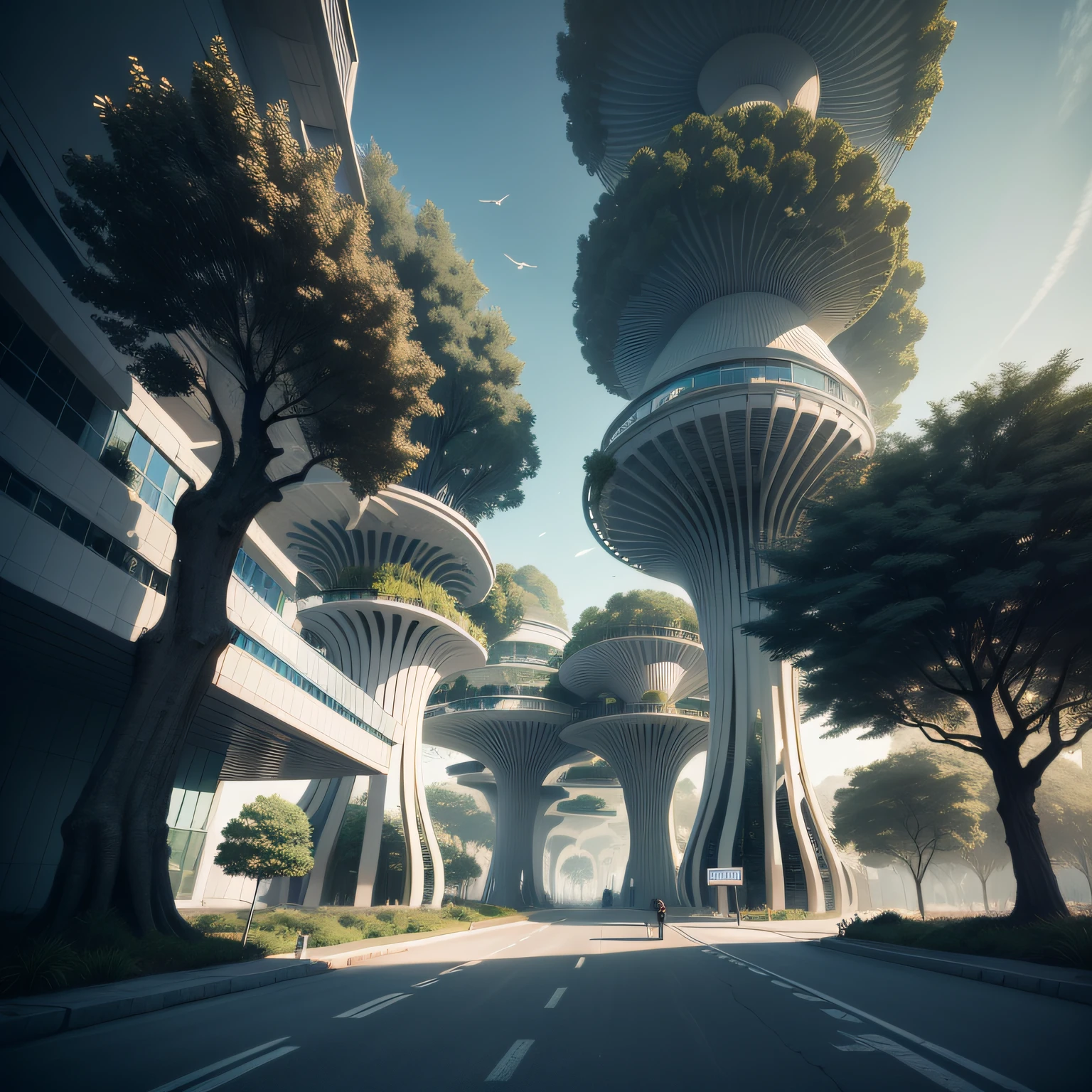 Futuristic architecture, arquitetura premiada, skyscraper architectureCity, photographic style, Rendering, Alameda de plane trees, Highly detailed dream building in the architectural styles of Oscar Niemeyer and Ernst Haeckel :: arquiteturacore :: High contrast wide avenue in front full of trees, plane trees