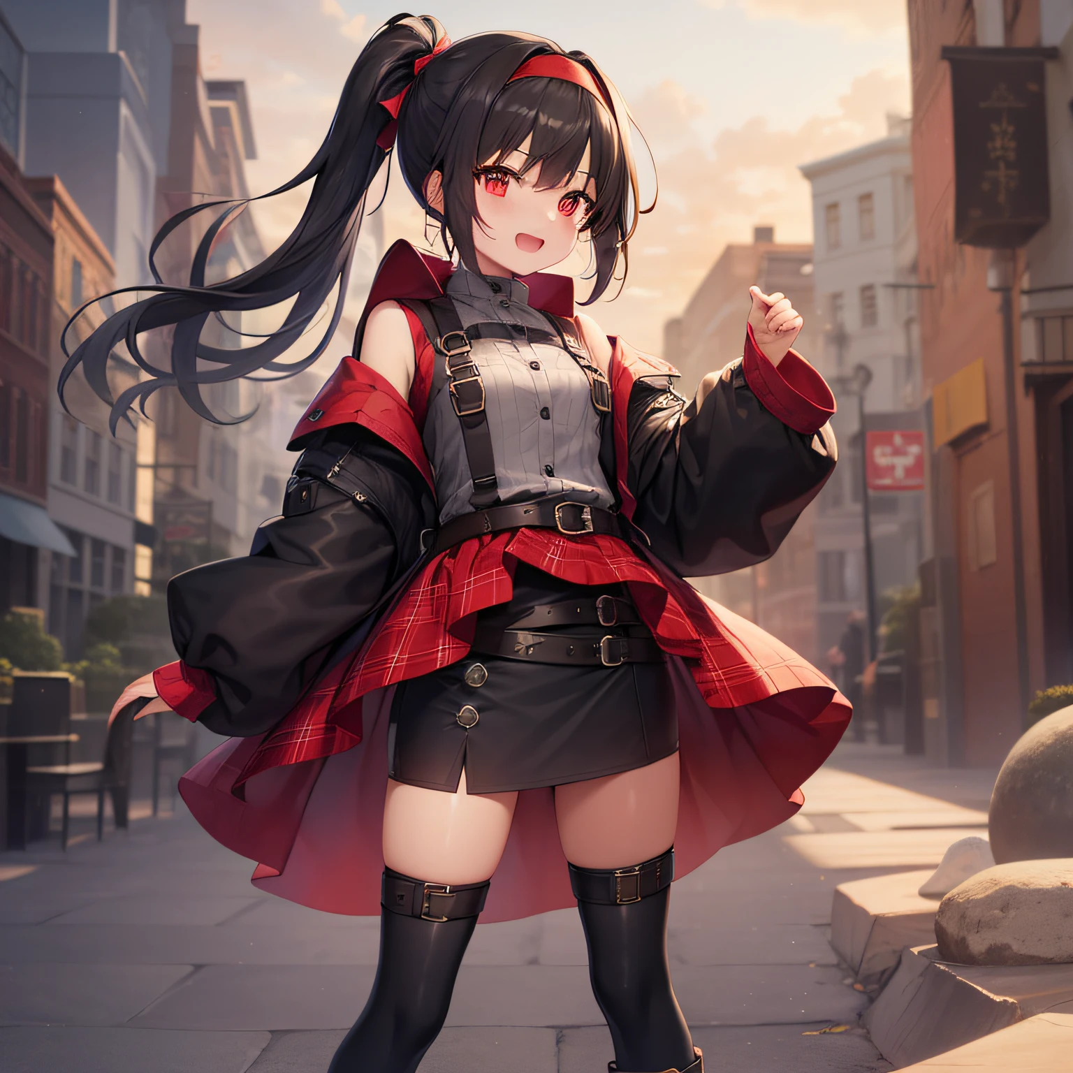 maximum quality、anextremelydelicateandbeautiful、((One person))、11years old、(Dark hair)、Gray clothes with vertical buttons、Belt at waist、Gray miniskirt、((ponytails))、(red hairband)、(Brown boots)、red-eyed、Standing、Sorrisos、