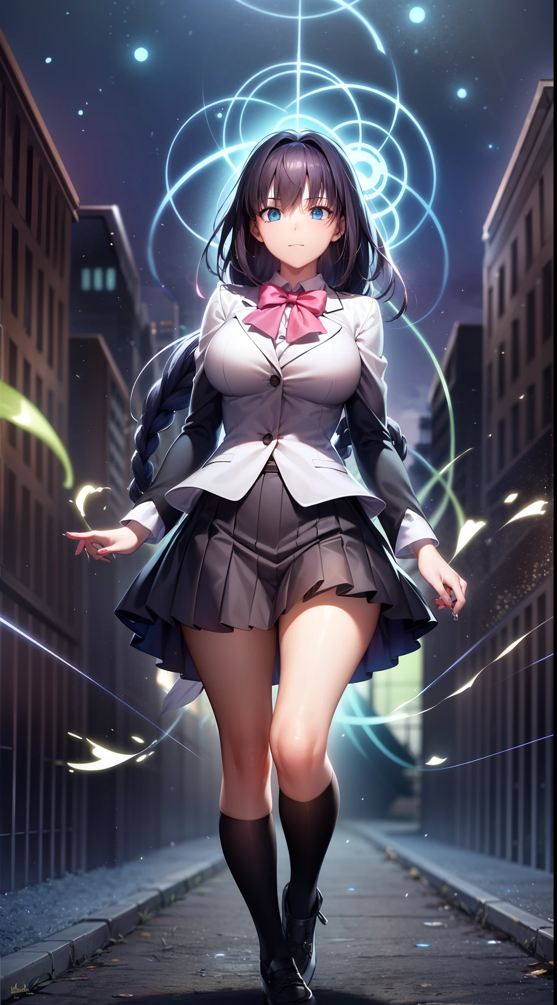 （Digital artwork：1.3），（a sketch：1.1）（（Octane rendering）），City Street，High-rise tail alley，（Girl magician，JK school uniform），（（Blue braids）），（（A huge glowing magic array under your feet）），（（Complex luminous runes）），Realistic digital painting portrait，shot at 8k resolution，Gasoline liquid，color pastel，splashart，Magical universe of pink and blue and purple，Lithography in intricate details，（light particules：1.2），（game concept：1.3），（deep of field:1.3),Global illumination,with rich details,Trends on ArtStation，（（illustrious）），ultra fine，16K resolution