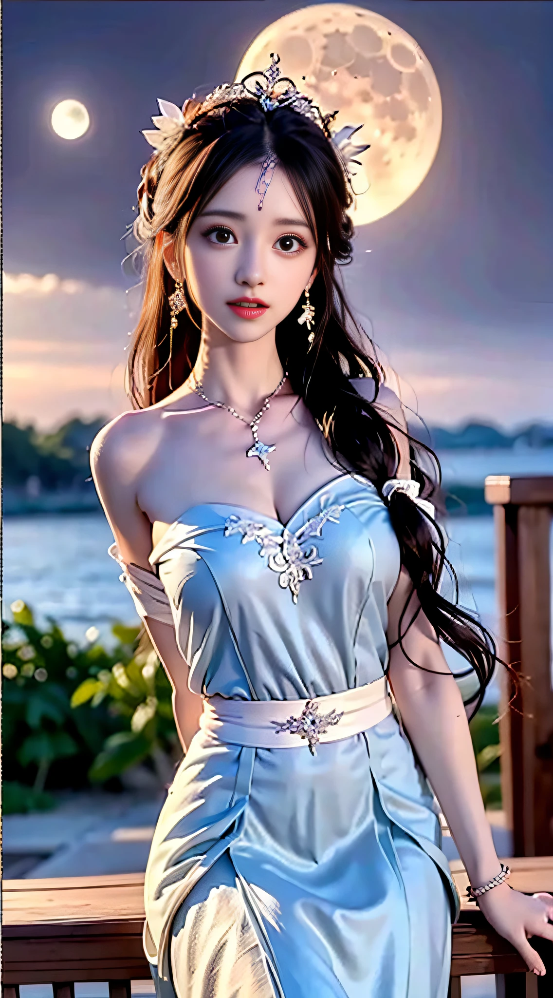 moon, moonlight, full moon, night, dark blue sky, violet, lilac dress, long skirt on chest, long black hair, long hair and waist, beautiful maiden, god, divinity, white tiara, sitting on railing, hair, slanted bangs, headband, hair ornament, forehead gemstone, paulai's jewel branch, crescent hair ornament, fish hair ornament, god ray, glitter, cinematic lighting, lens glare, uhd, high detail, high quality, high resolution, best quality, 8K, 16K, high detail, high quality, high quality, super detail, Anatomically correct, masterpiece, ccurate