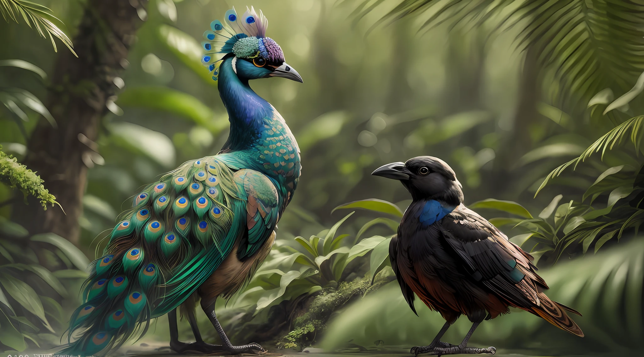 there are two birds standing next to each other in the jungle, colorful peacock bird and black crow bird, Aves f CGSetalation, arte digital extremamente detalhada, bela arte digital, arte digital altamente detalhada, arte digital altamente detalhada, pintura digital altamente detalhada, pintura digital altamente detalhada, Foto impressionante arte conceitual real, natural realistic render, arte conceitual fotorrealista, realistic fantasy rendering, realistic illustration