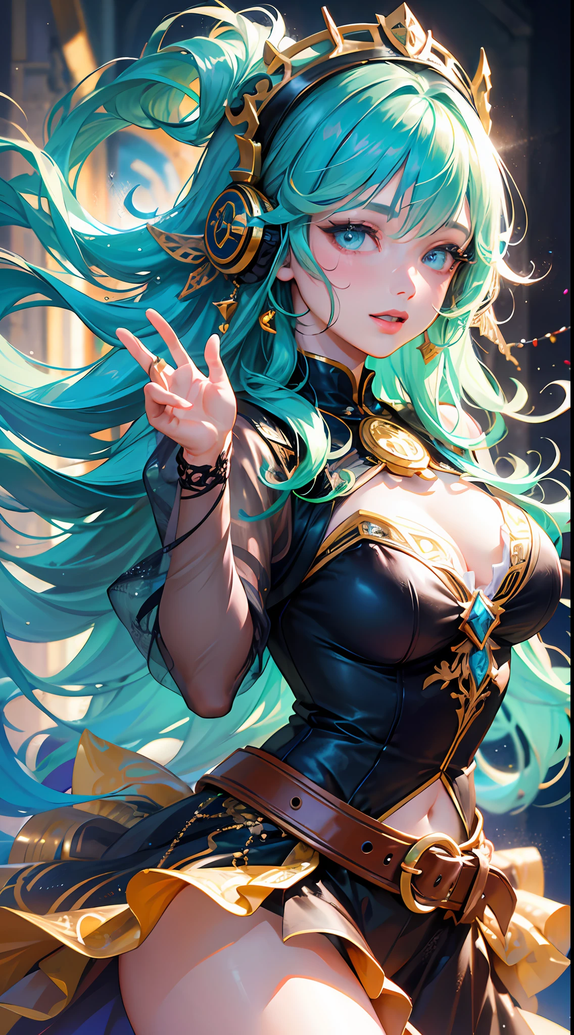 (absurdres, highres, ultra detailed), 1woman, mature female, aged up, wavy long hair, green hair, turquoise eyes, bangs, long sleeves, finely detailed eyes and detailed face, extremely detailed CG unity 8k wallpaper, intricate details,  looking at viewer, solo, (full body:0.6), detailed background, detailed face, (medieval high fantasy theme:1.1), medieval fantasy (bard:0.8), happy expression, dancing, dynamic pose, colorful ruffled clothes, music, joyful atmosphere, tavern, music, celebration, music emanating, floating musical notes, musical notes,    party, performance, (photorealistic:1.4), portrait