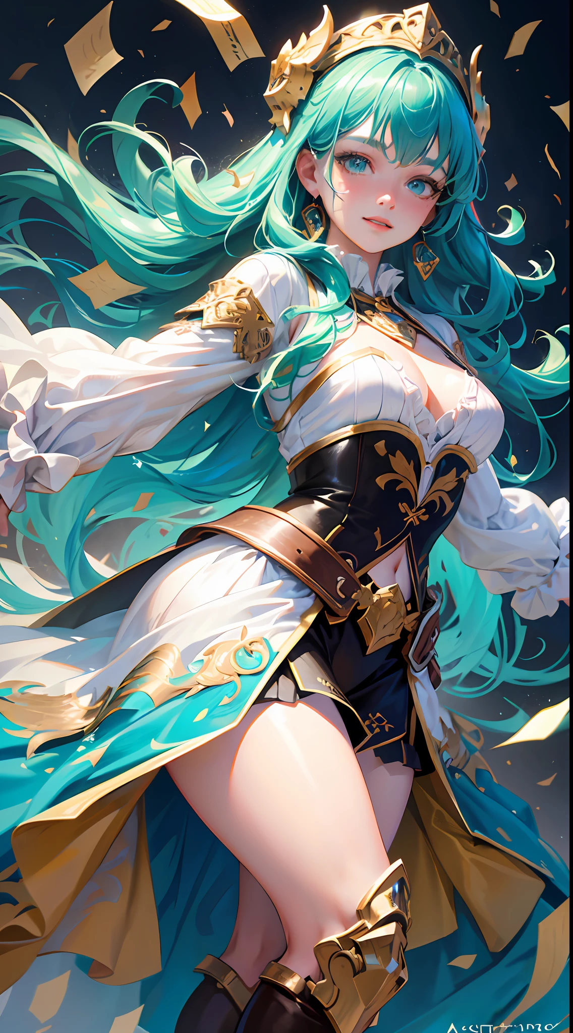 (absurdres, highres, ultra detailed), 1woman, mature female, aged up, wavy long hair, green hair, turquoise eyes, bangs, long sleeves, finely detailed eyes and detailed face, extremely detailed CG unity 8k wallpaper, intricate details,  looking at viewer, solo, (full body:0.6), detailed background, detailed face, (medieval high fantasy theme:1.1), medieval fantasy (bard:0.8), happy expression, dancing, dynamic pose, colorful ruffled clothes, music, joyful atmosphere, tavern, music, celebration, music emanating, floating musical notes, musical notes,    party, performance, (photorealistic:1.4), portrait