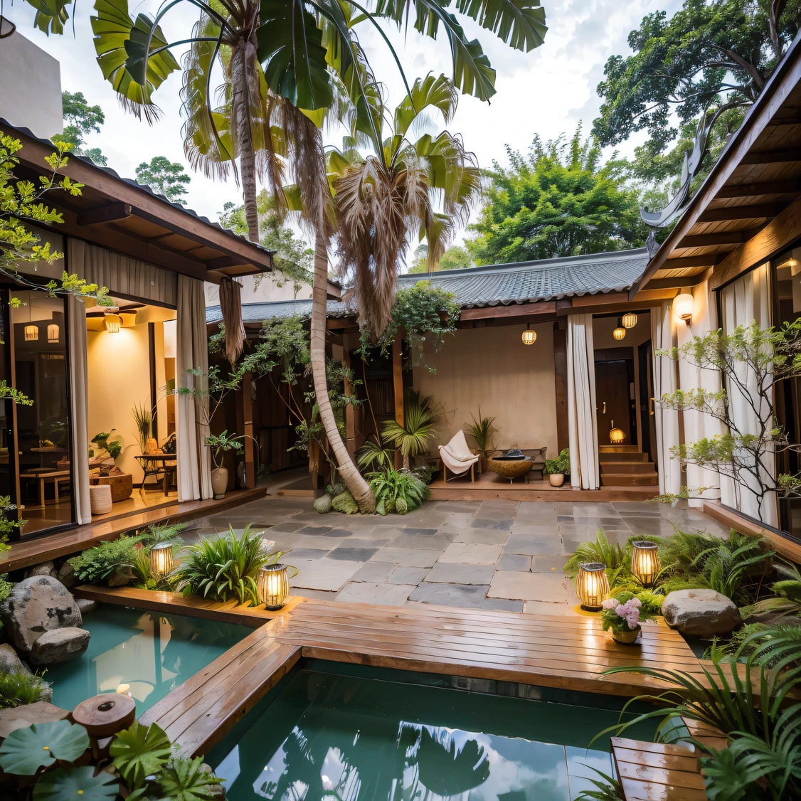 ，masterpiece, best quality，8k, ultra highres，Step into this Thai-style courtyard，You feel like you're in the rainforest of Southeast Asia。In the center of the courtyard is a small lotus pond，The water is crystal clear，The lotus leaves sway gently in the wind。It is surrounded by lush tropical plants，Lots of greenery。Lay Thai-style cushions under the tree，You can sit comfortably and enjoy tea or enjoy the sun。Flower trellis and fences made of bamboo and rattan are cleverly used，It adds an original and sophisticated feel to the courtyard。In this courtyard full of nature and tranquility，You can get away from the hustle and bustle of the city，Find inner peace and relaxation。