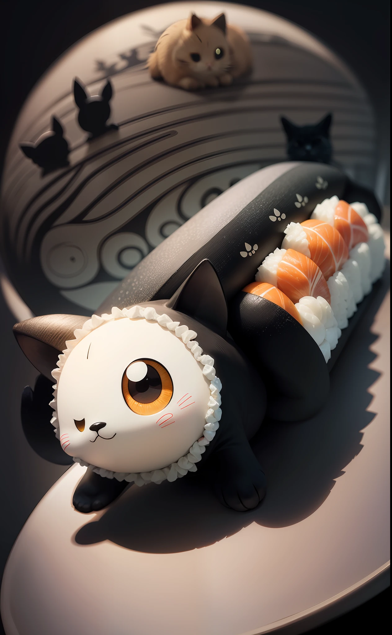 Nori rolls、Ehomaki、Sushi rolls、On a plate、portlate、Daylight、kawaii、Anthropomorphism、black cat、Sparrow、Face in the middle of a nori roll、Animal、Cartoon Visuals、Nori is black、Harmony of black and white、naturey、Yuru Chara