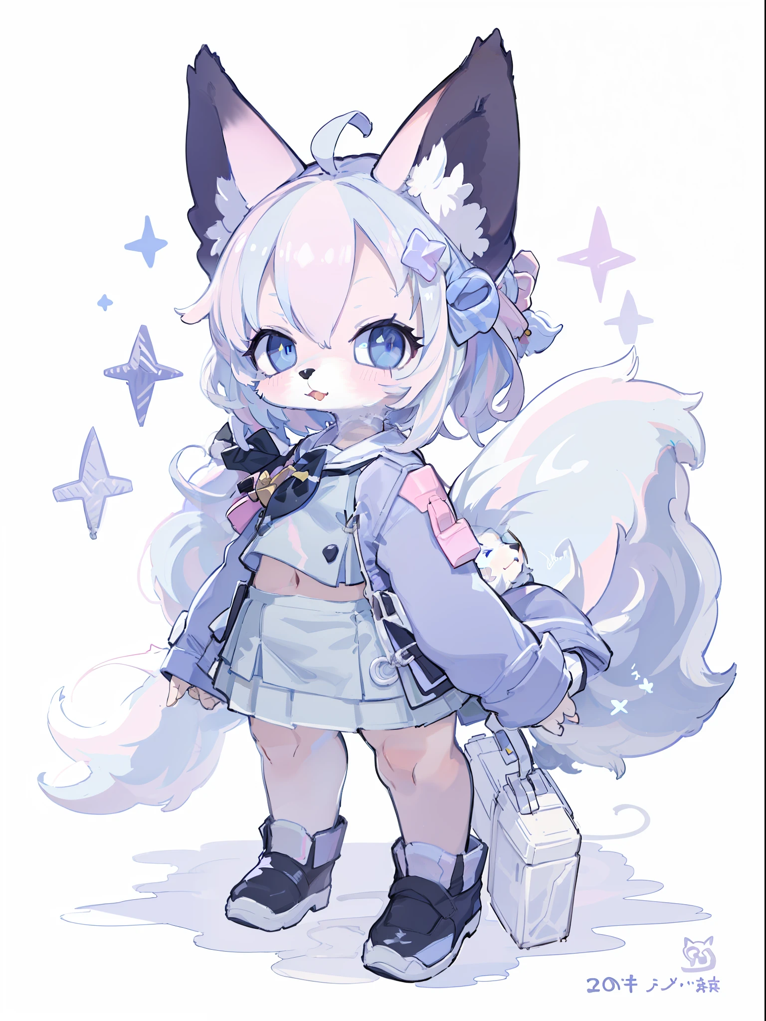 Anime characters with cats and cats - blue, female furry mini cute style, white cat girl, cute art style, White-haired fox, High quality anime art style, It's a wolf girl, Very beautiful anime cat girl, style of magical girl, full body adoptable,Blue eyes,Small skirt