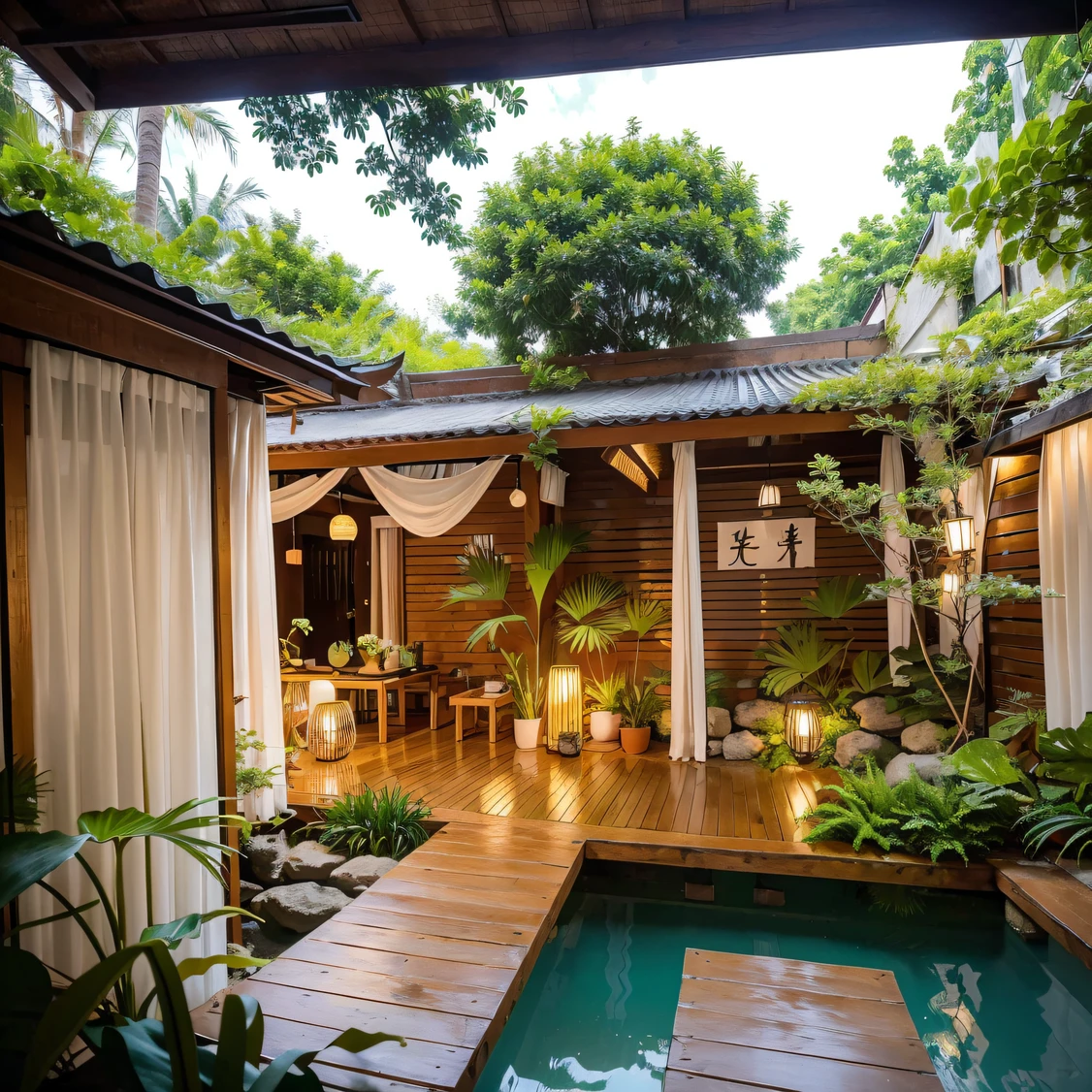 ，masterpiece, best quality，8k, ultra highres，Step into this Thai-style courtyard，You feel like you're in the rainforest of Southeast Asia。In the center of the courtyard is a small lotus pond，The water is crystal clear，The lotus leaves sway gently in the wind。It is surrounded by lush tropical plants，Lots of greenery。Lay Thai-style cushions under the tree，You can sit comfortably and enjoy tea or enjoy the sun。Flower trellis and fences made of bamboo and rattan are cleverly used，It adds an original and sophisticated feel to the courtyard。In this courtyard full of nature and tranquility，You can get away from the hustle and bustle of the city，Find inner peace and relaxation。