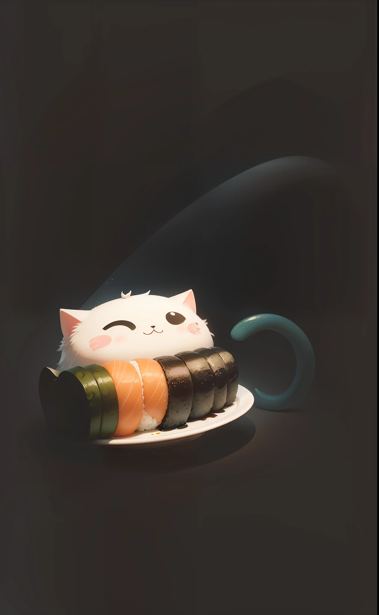 Nori rolls、Ehomaki、Sushi rolls、On a plate、portlate、Daylight、kawaii、Anthropomorphism、black cat、Sparrow、Face in the middle of a nori roll、Animal、Cartoon Visuals、Nori is black、Harmony of black and white、naturey、Yuru Chara、wink