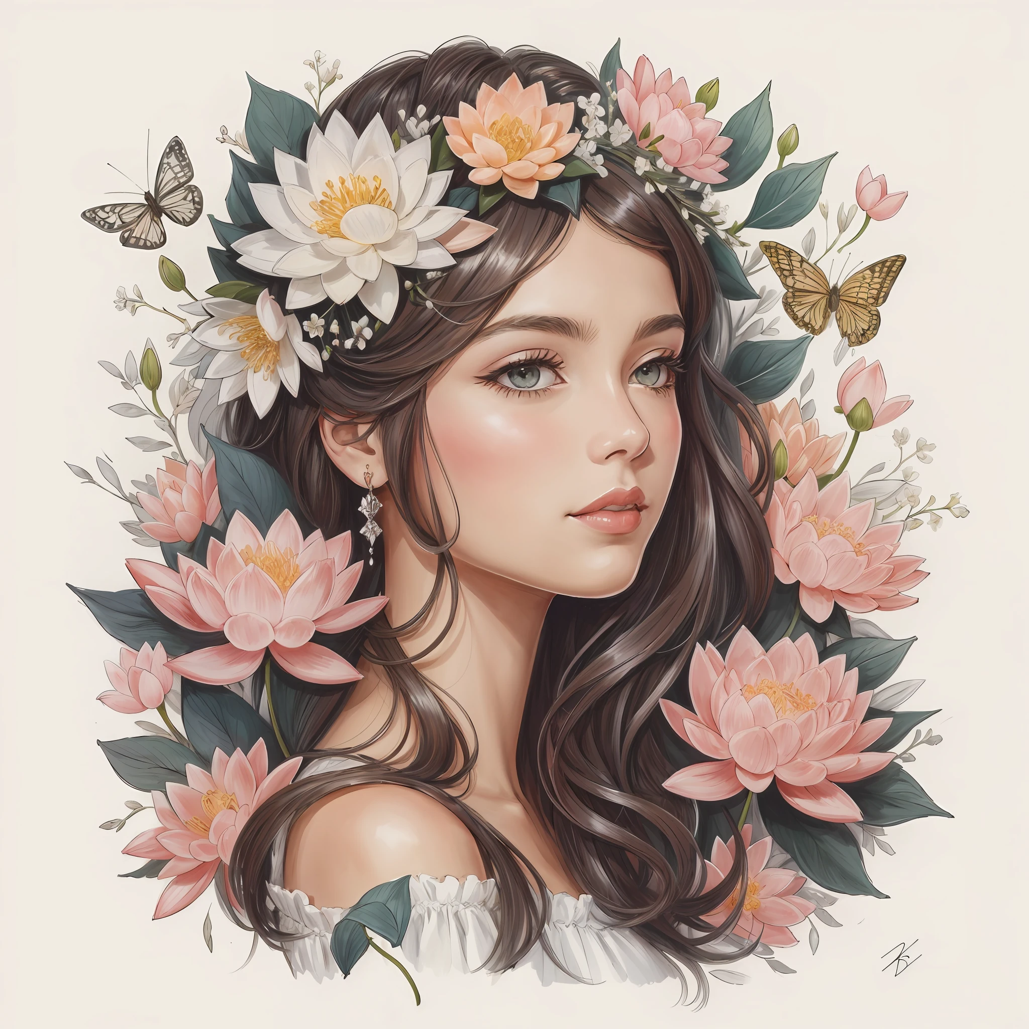 there is a woman with a flower crown on her head, a beautiful artwork illustration, lotus floral crown girl, exquisite digital illustration, beautiful digital illustration, deusa flor, retrato de beleza detalhado, retrato feminino, bela arte digital, retrato bonito detalhado, rainha da flor, stunning digital illustration, belas obras de arte, retrato bonito da arte da fantasia, retrato feminino com flores, Arte bonita UHD 4K