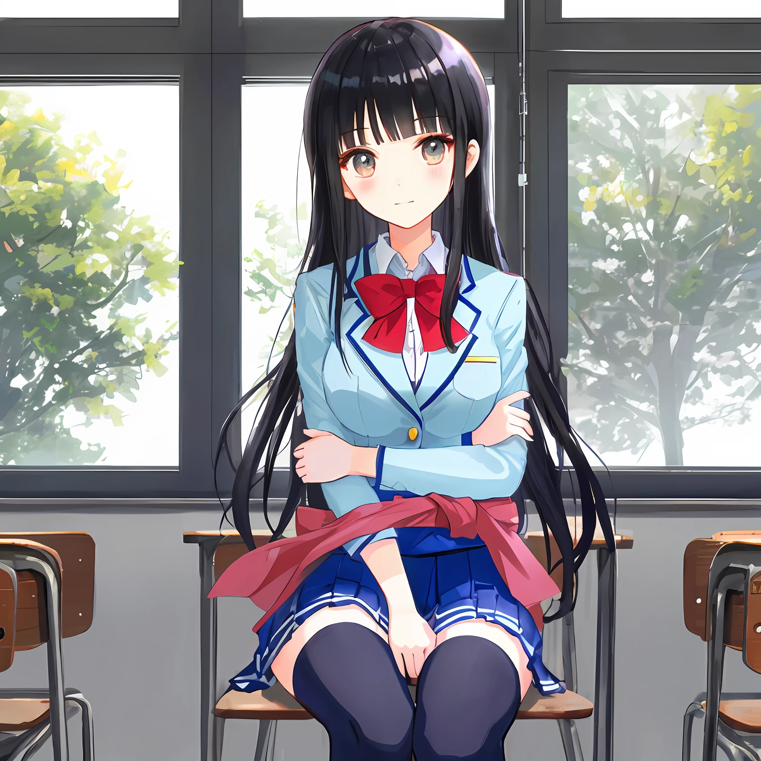 illutst　highschool girl　１ten mens　Black hair straight　A slight smile　Clair　kawaii　blazers　Left arm crossed behind the waist　school classrooms　knee sox