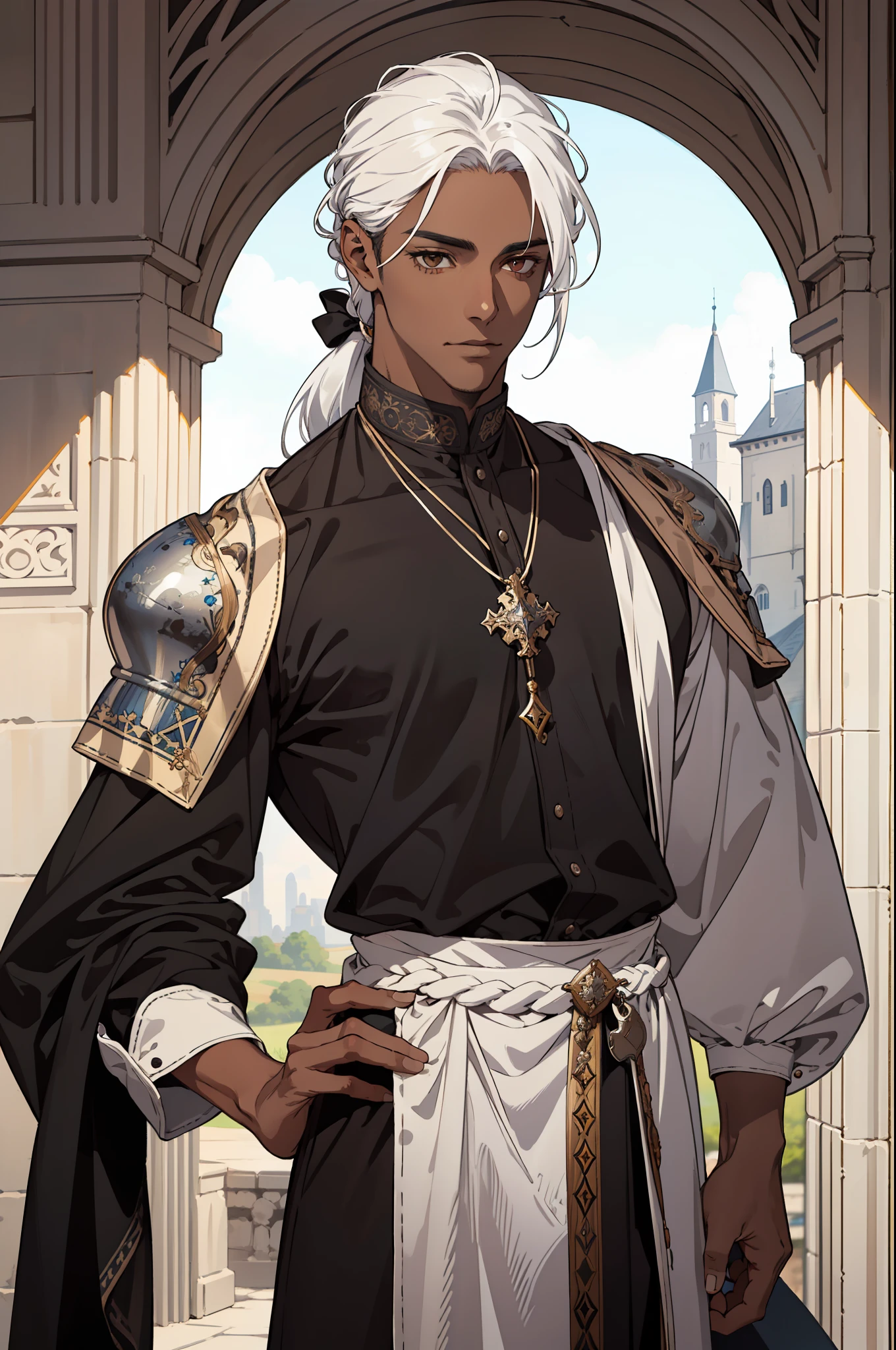 Realistic, (masterpiece, top quality, best quality, official art,) very detailed, most detailed, (1boy:1.3), dark skin, white hair, brown eyes, mysterious, handsome man, servant, ((medieval fantasy style)), fantasy clothing, intricate details, 1 male, handsome, tall muscular guy, braided ponytail, ponytail