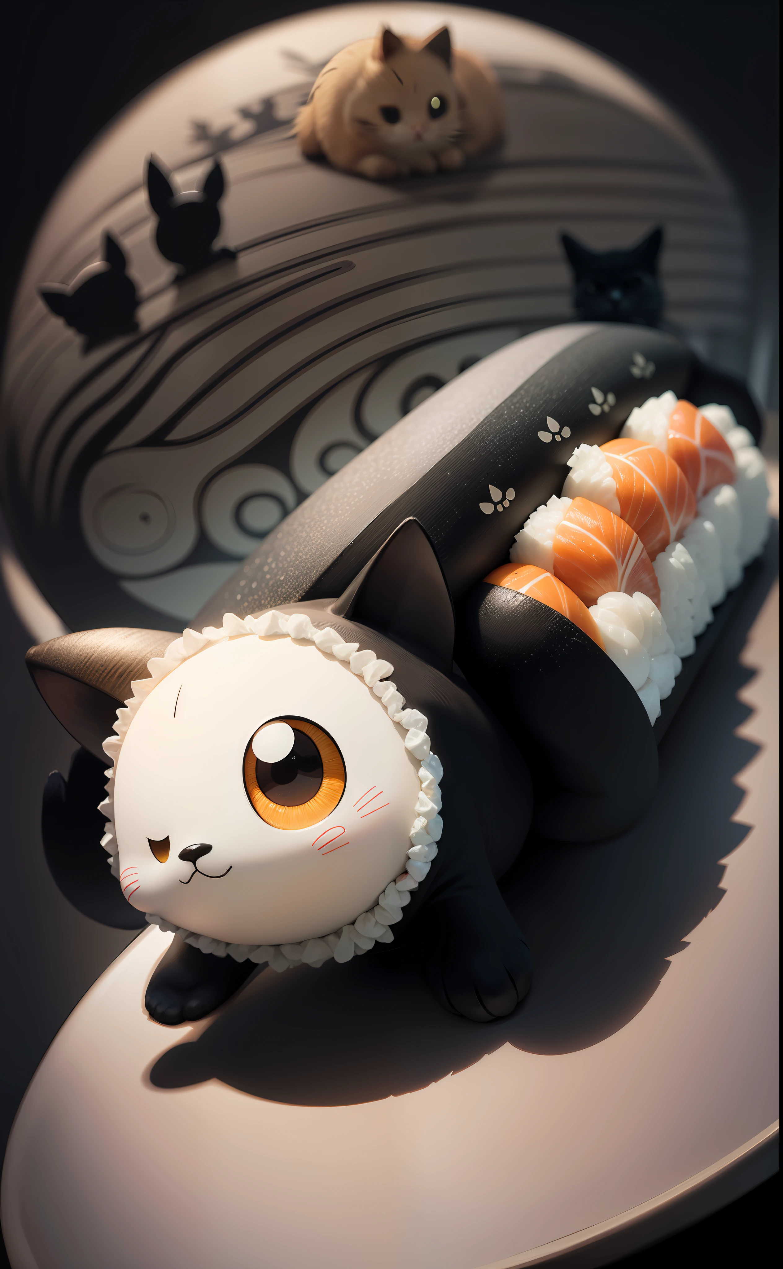 Nori rolls、Ehomaki、Sushi rolls、On a plate、portlate、Daylight、kawaii、Anthropomorphism、black cat、Sparrow、Face in the middle of a nori roll、Animal、Cartoon Visuals、Nori is black、Harmony of black and white、naturey、Yuru Chara