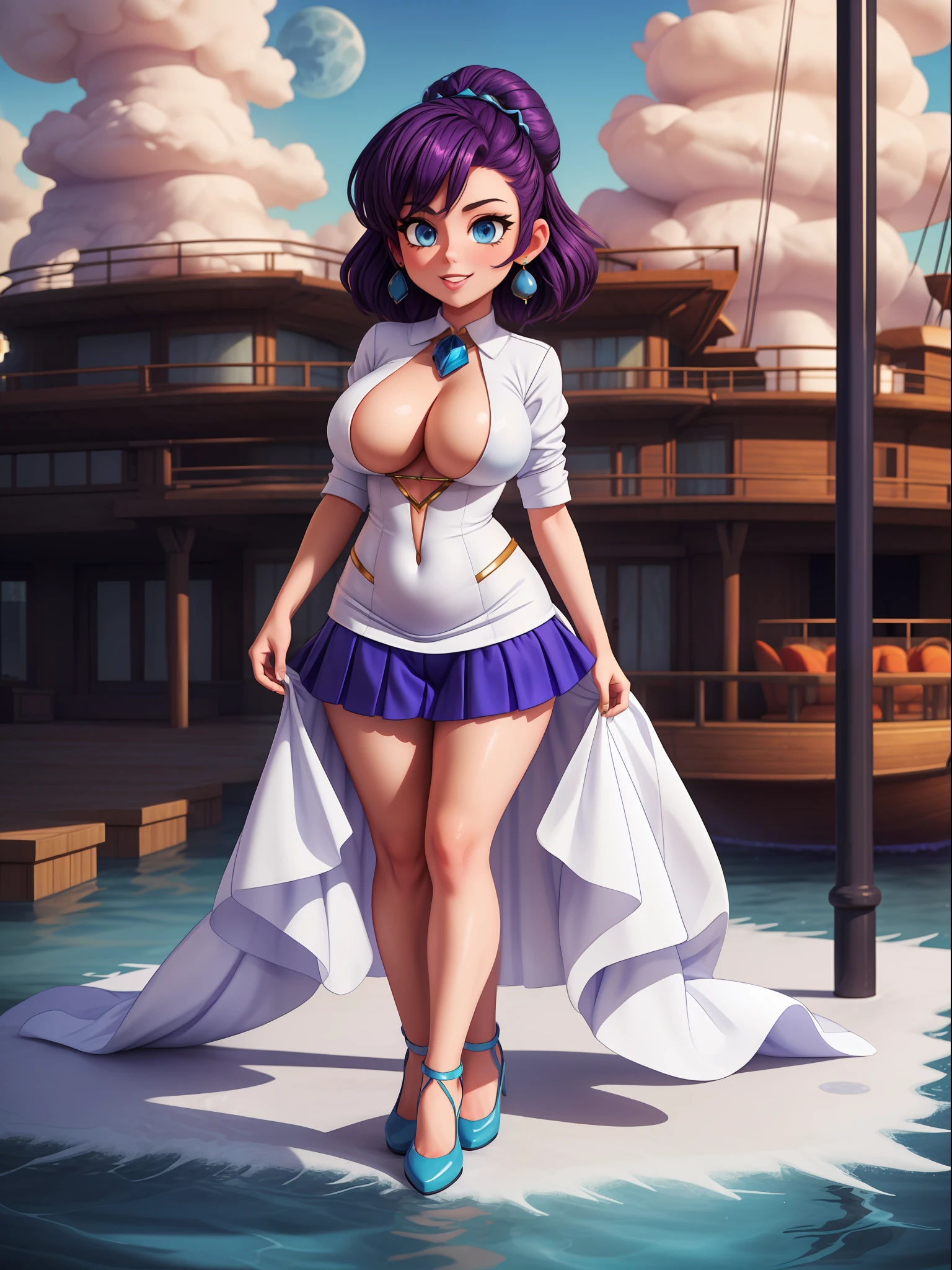 ((Full body):1.5), 1woman, wearing {((Saidor Moon costume, white with blue parts, red short skirt, extremely tight body):1.2)}, has {extremely gigantic breasts}, {she has purple hair, short, mohawk, blue eyes}, she is looking at the viewer, {look of pure pleasure, fawn expression of pure pleasure, {she is leaning against a pole, posing erotic to the viewer}, {Background: very fancy yacht full of people}, 16k, high quality, high detail, UHD,EnvyMix