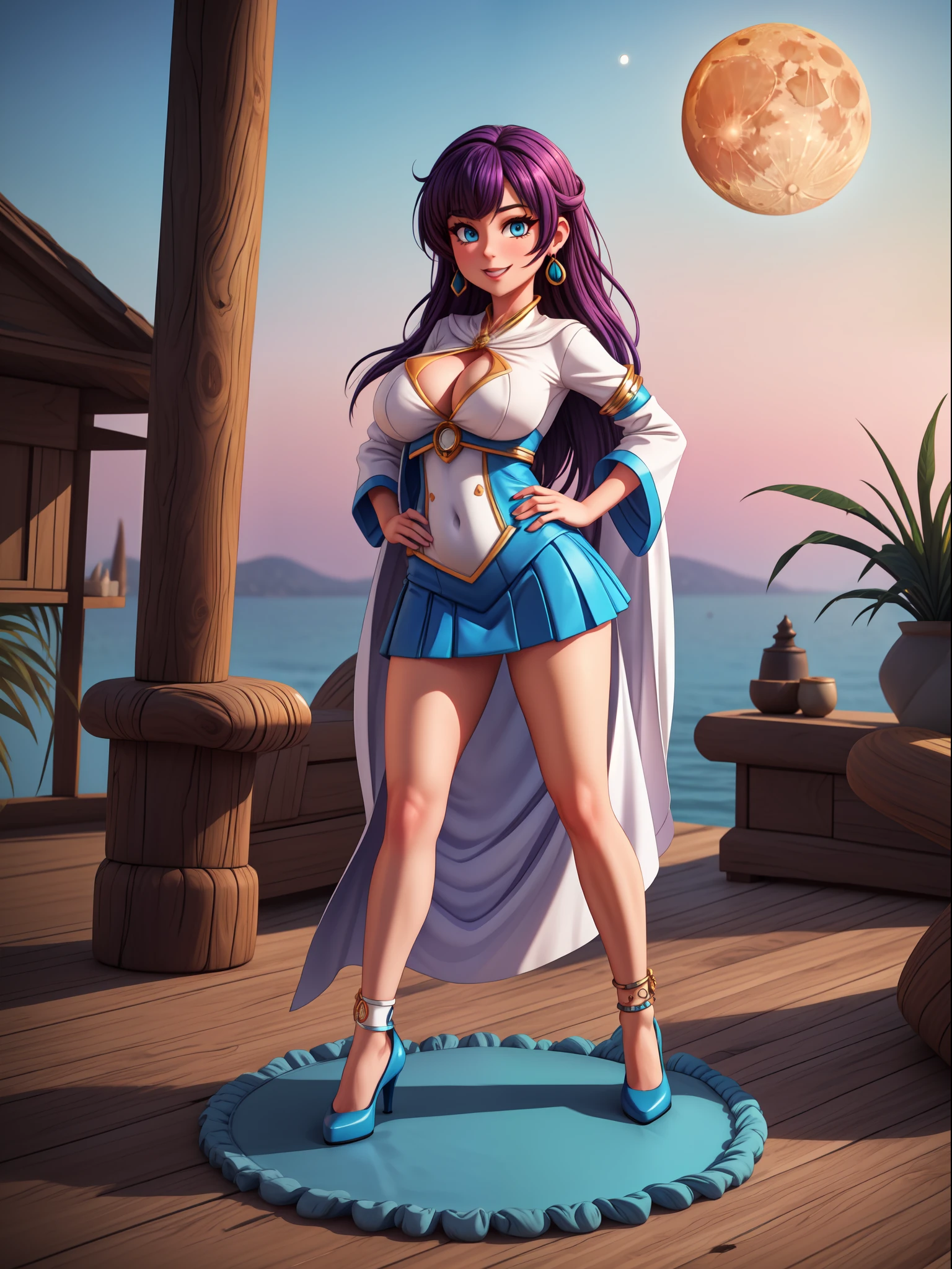 ((Full body):1.5), 1woman, wearing {((Saidor Moon costume, white with blue parts, red short skirt, extremely tight body):1.2)}, has {extremely gigantic }, {she has purple hair, short, mohawk, blue eyes}, she is looking at the viewer, {look of pure pleasure, fawn expression of pure pleasure, {she is leaning against a pole, posing erotic viewer}, {Background: very fancy yacht full of people}, 16k, high quality, high detail, UHD,EnvyMix