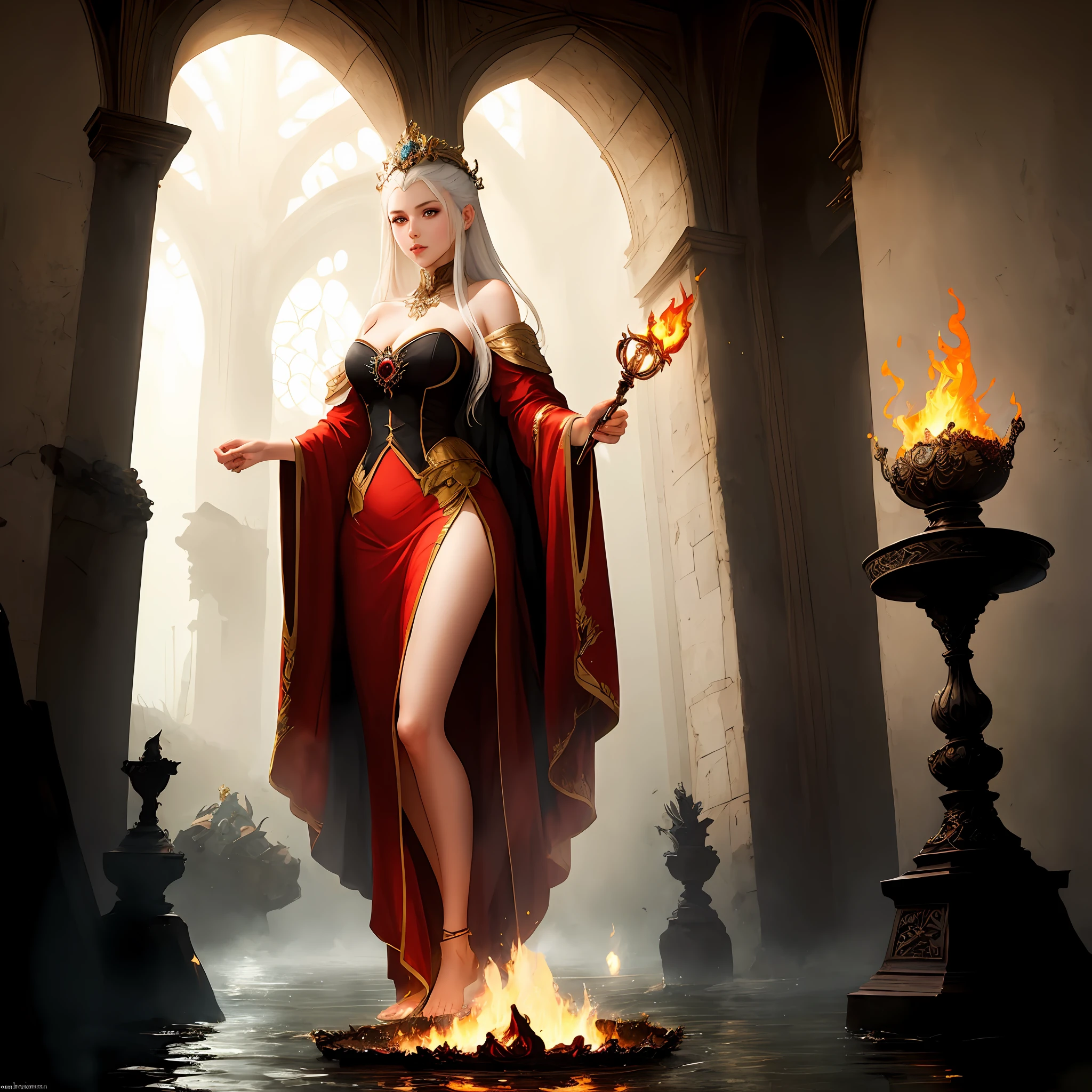 A woman in bizarre costume holding a fiery wand,Full close-up, Standing barefoot in a disc on the water,Fire in the hands,A circle of fire around the body,The background is an old castle,Tall and quirky building,Spooky atmosphere,Towering spires,Mysterious flames,Mysterious atmosphere,oil lamp,Red flame,Art germ on ArtStation Pixiv, Goddess of Light, IG model | Art germ, anime goddess, beautiful celestial mage, white haired deity, cushart krenz key art feminine, a beautiful fantasy empress, concept arts | Art germ, Artgerm style
