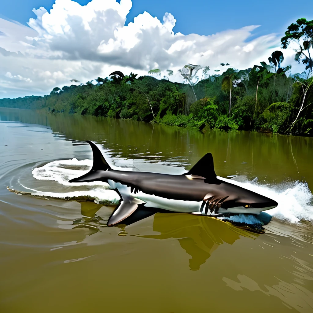 Shark flying in the Amazon River towards a prey