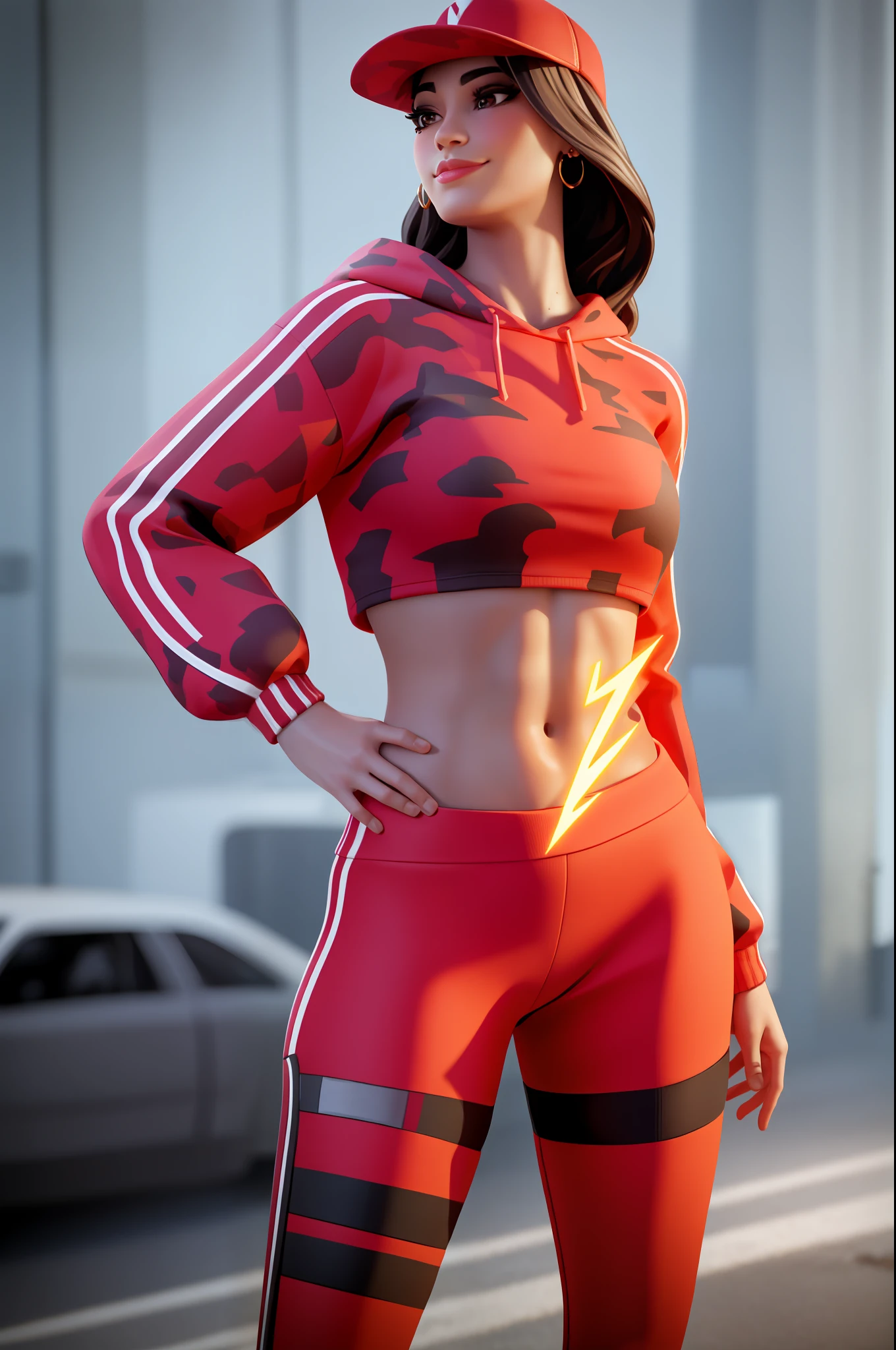 1girl, beautiful, smirk, wearing a hat, earrings, red camo sweatshirt, red_legwear, long hair, brown hair, mascara, nose lips, standing, midriff, naval, earrings, (realistic:1.5), cyberpunk, neon city, neon lights, 3d, cgi, volumetric lightning