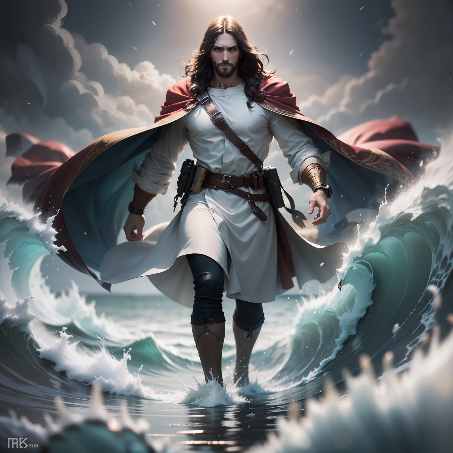 jesus (homem, 30 anos)andando(towards the viewer) over the waters in the midst of a storm, obra-prima, melhor qualidade, alta qualidade, papel de parede 8k de unidade CG extremamente detalhado, fotografia premiada, Bokeh, Depth of Field, HDR, bloom, chromatic aberration, fotorrealista, extremamente detalhado, trending on ArtStation, trend at CGSociety, intrincado, alto detalhe, dramatic, arte no meio da jornada, volume illumination