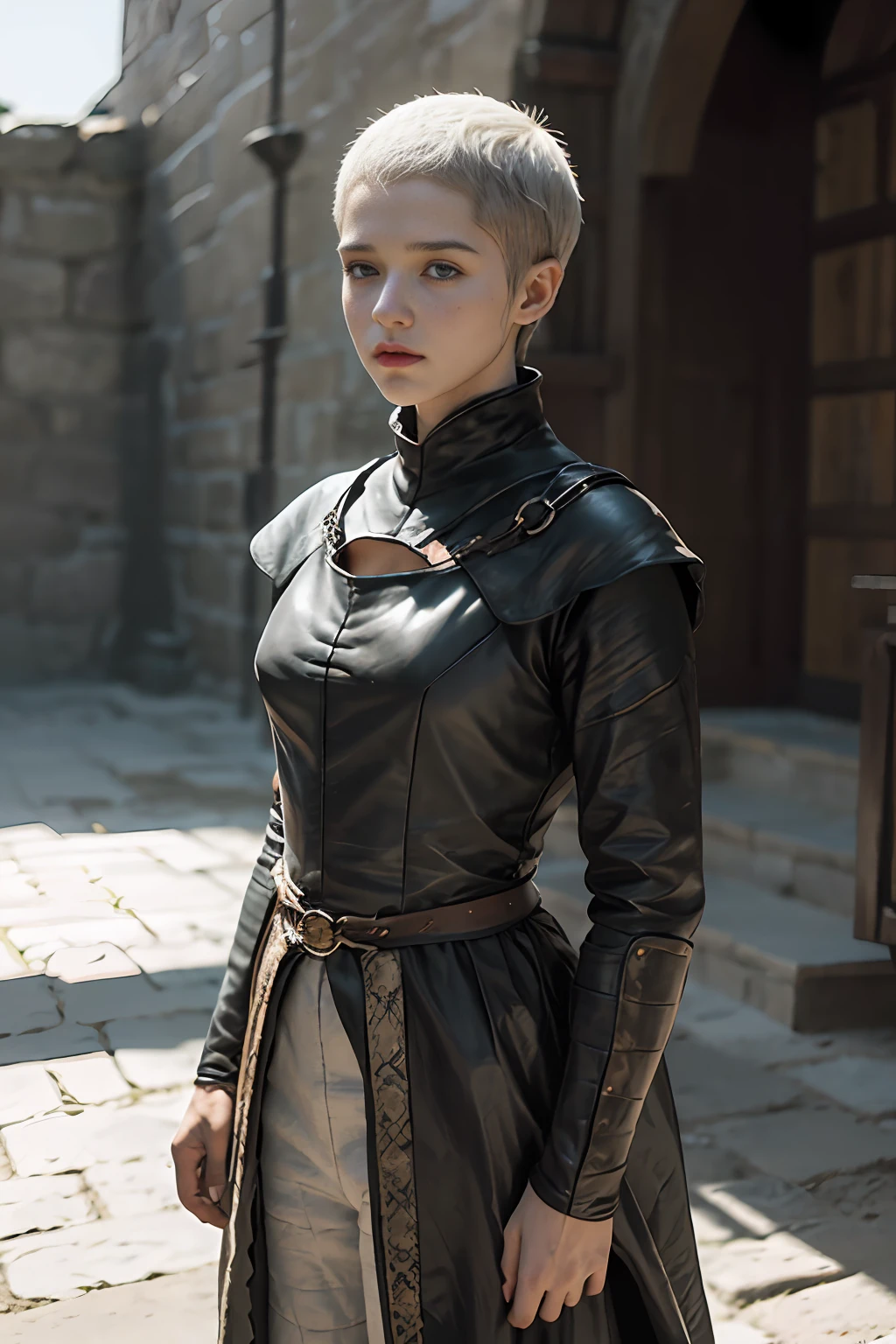 uma mulher jovem com cabelo preto, Estilo Game of Thrones,((Buzzcut)), medieval, Macho, androgynous, guerreiro de roupas masculinas