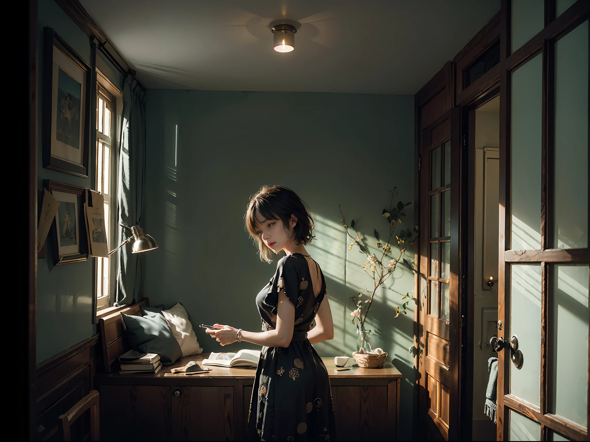 夜晚、A room in a dark apartment、38 talented beauty、back、shed tears、Melancholy face、shadowy、A space of light and shadow、Vast space、(A masterpice、best quality、best quality、Official art、Beautifully Aesthetic:1.2)、(38 talented beauty:1.3)、intensely detailed、a scene from a movie、dark ambiance、highestdetailed、(Zentangle:1.2)、(Dynamic Pause) 、(Abstract background:1.5)、(:1.2)、(Many colors:1.4)、Behind、back、sorrow、Crying、Tears、Crying
