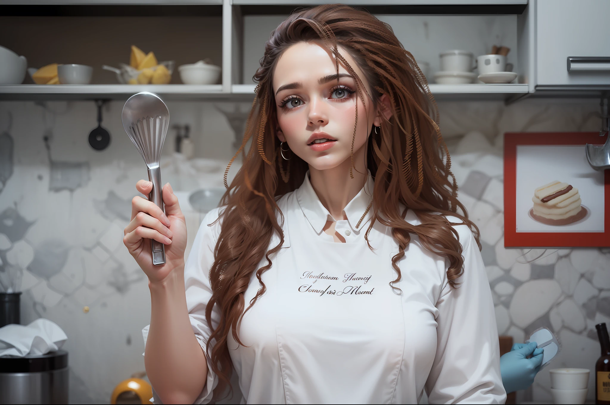 Woman confectioner holding a fue in her hand. Use a minha imagem e melhore a qualidade