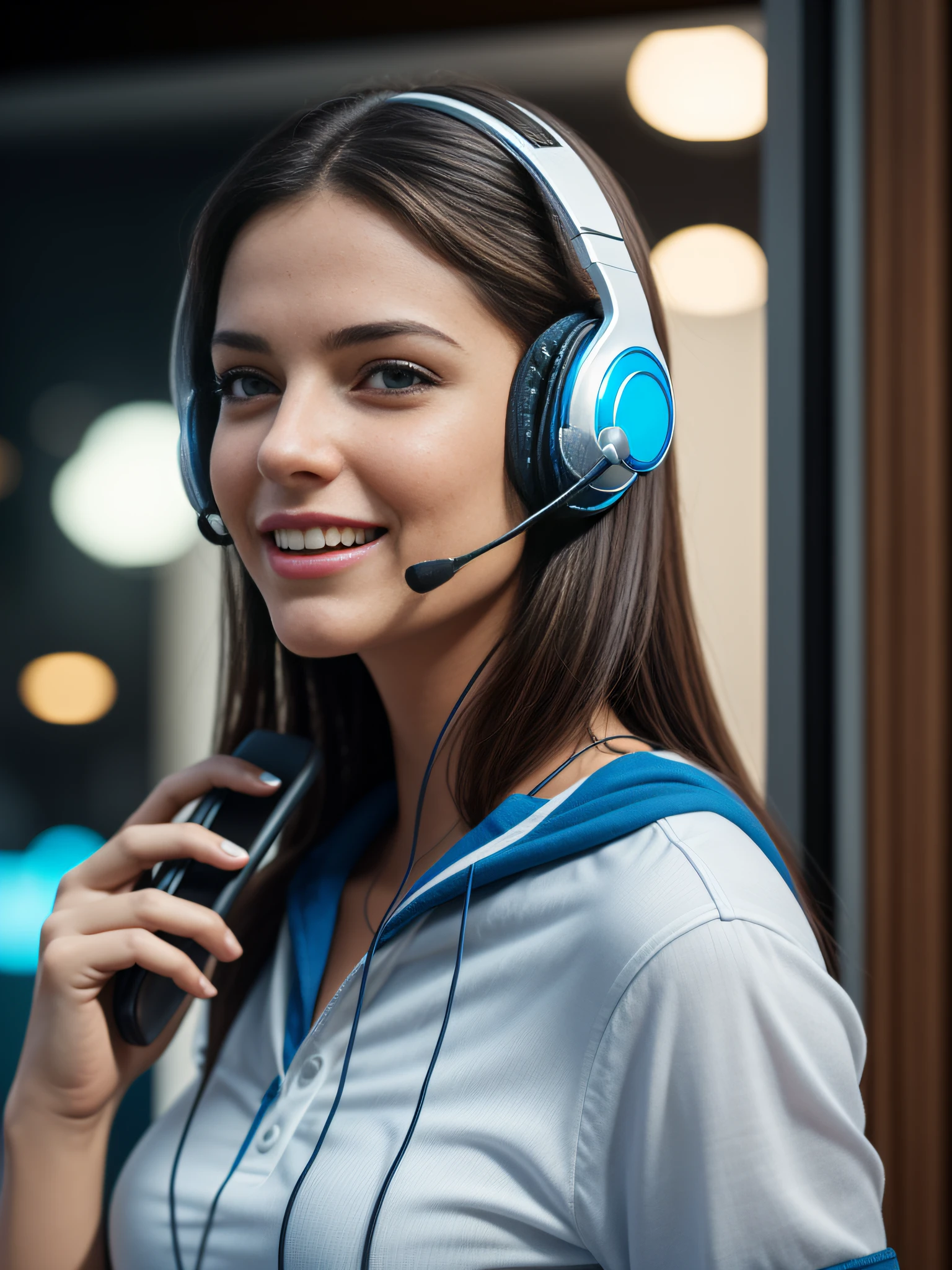 a customer care person wearing a headset and talking on the phone,k, best quality, masterpiece, realistic, realistic photo, movie photo, ultra realistic, 1 person, detailed, perfect lighting, DSRL, professional photo, 4k ,Blue lighting ,Happy expression, half body