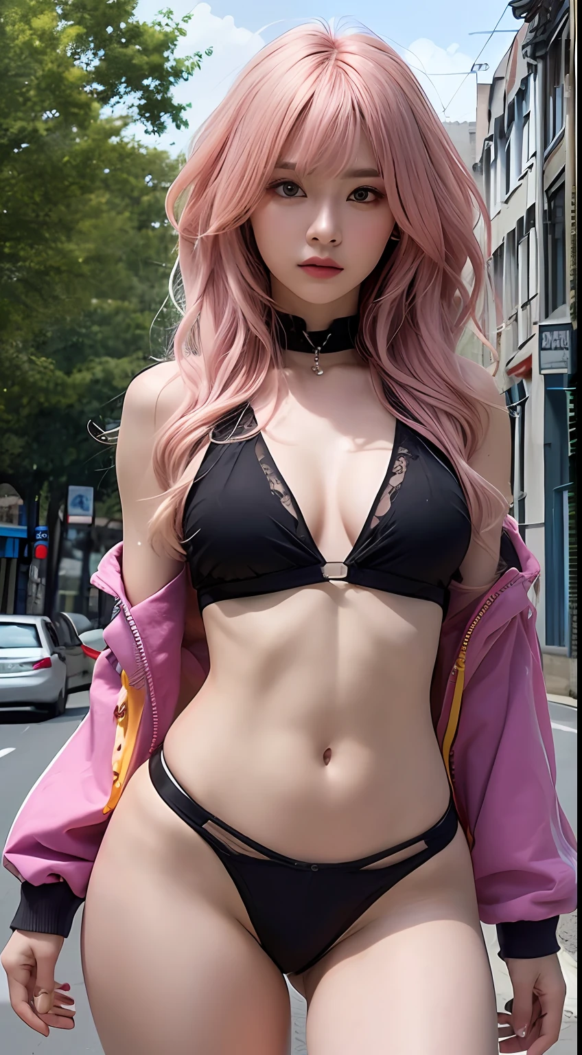 ((photorealistic lighting, the highest quality, 8K, masterspiece: 1.3)), Clear Focus: 1.2, 1 woman, Perfect Body Beauty: 1.4, Slim Abs: 1.1, ((Dark-brown hair, bigger: 1.3)), (Accelerate: 1.4), (Outdoor, night: 1.1), streets, Ultra Slender Face, Thin eyes, Double eyelidd, Valley exposure, Unbelievably absurd, Messy hair blowing in the wind,Pink hair