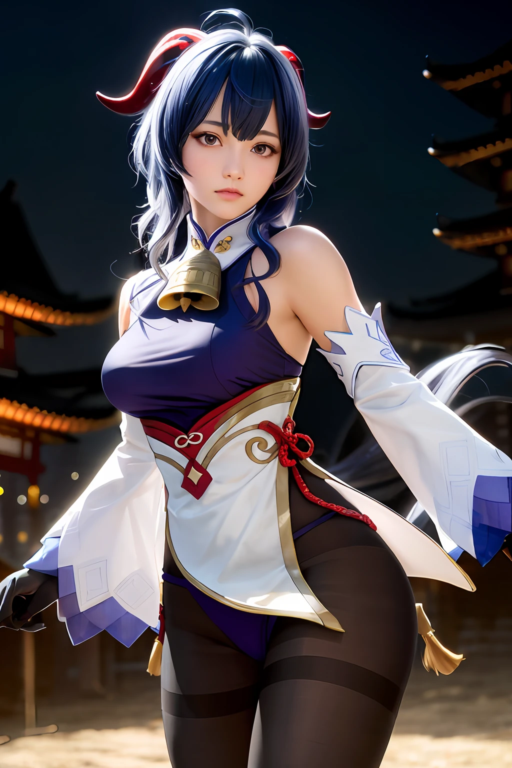 masterpiece, (photorealistic:1.5), best quality, beautiful lighting, real life,
ganyu \(genshin impact\), 1girl, ahoge, architecture, bangs, bare shoulders, bell, black gloves, black pantyhose, (blue hair), blush, breasts, chinese knot, detached sleeves, east asian architecture, flower knot, gloves, horns, long hair, looking at viewer, medium breasts, neck bell, night, outdoors, pantyhose, purple eyes, sidelocks, solo, tassel, white sleeves, (ulzzang-6500:0.5)
, intricate, high detail, sharp focus, dramatic, beautiful girl , (RAW photo, 8k uhd, film grain), caustics, subsurface scattering, reflections