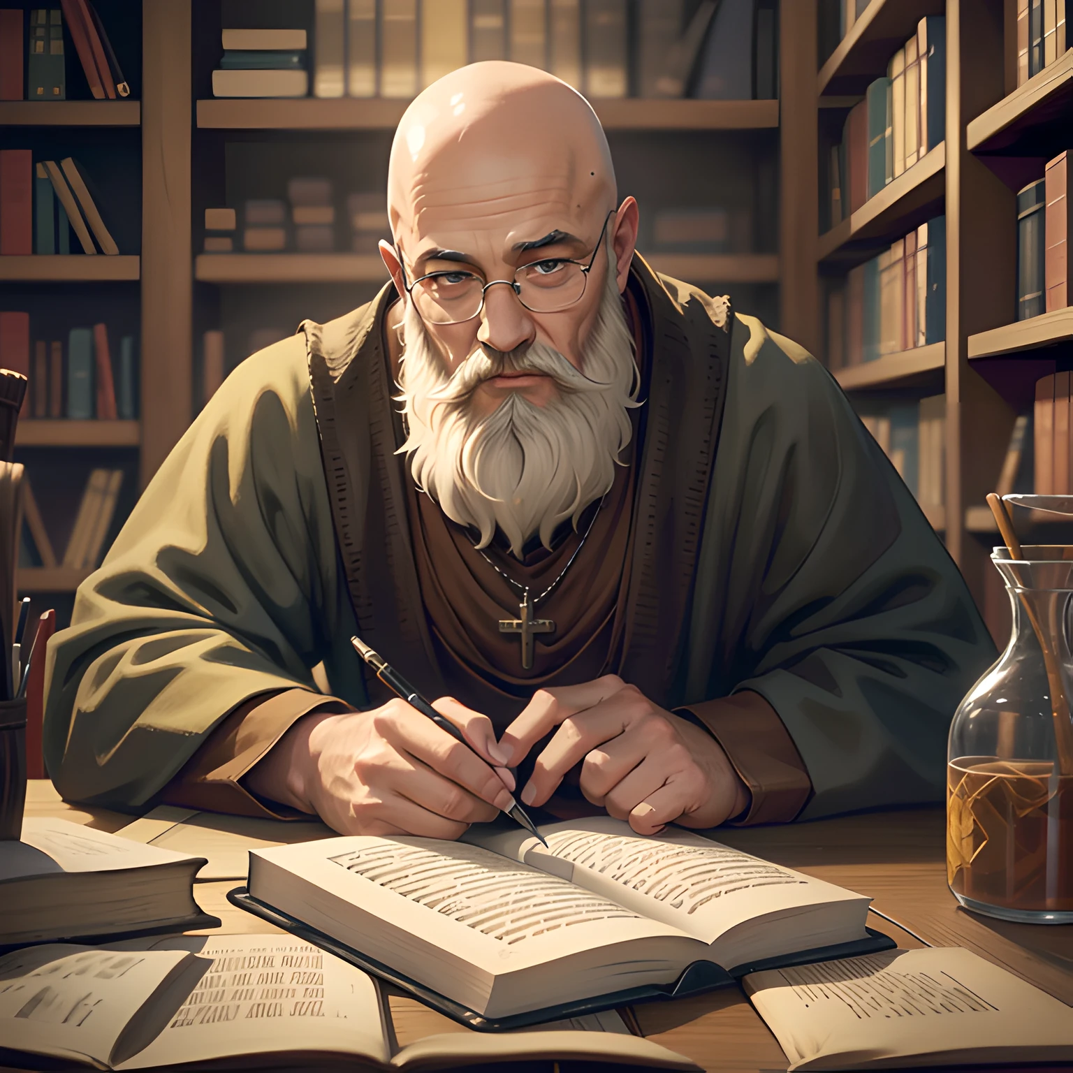 very old wizard, alchemy, looking at book, old medieval painting, smoke, lots of detail, cluttered room, lamp, dark room, detailed tunic, glowing pendant, high contrast light,